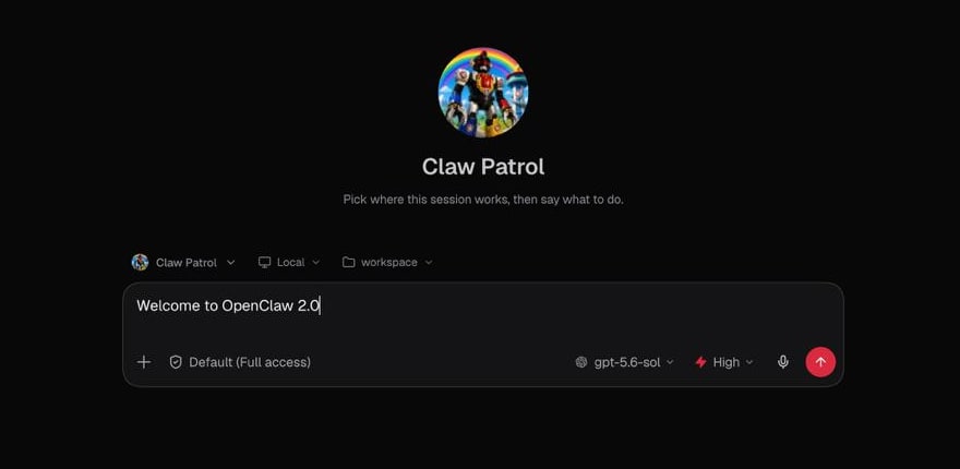Interface de l'application navigateur OpenClaw 2.0 montrant l'agent Claw Patrol et le nouveau champ de saisie