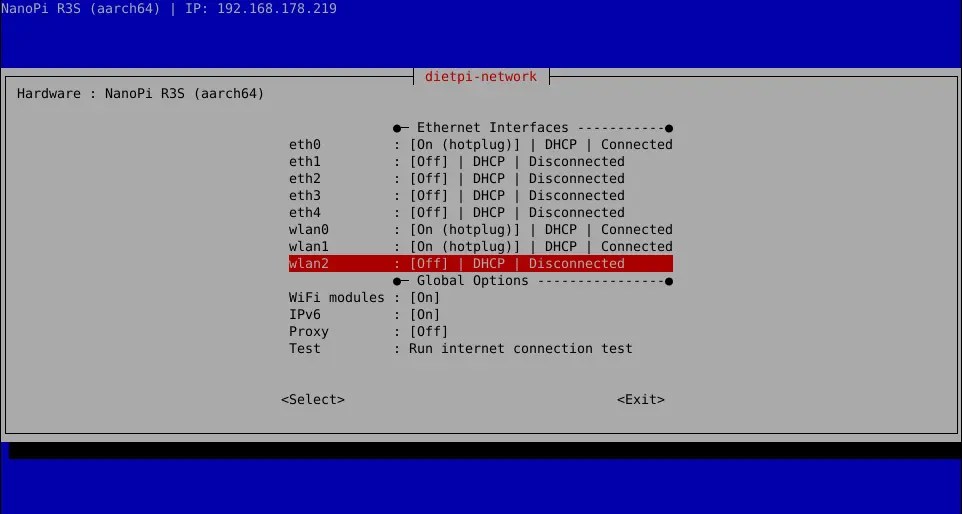 Menu console de l'outil dietpi-network listant les interfaces Ethernet et Wi-Fi sur une carte NanoPi R3S