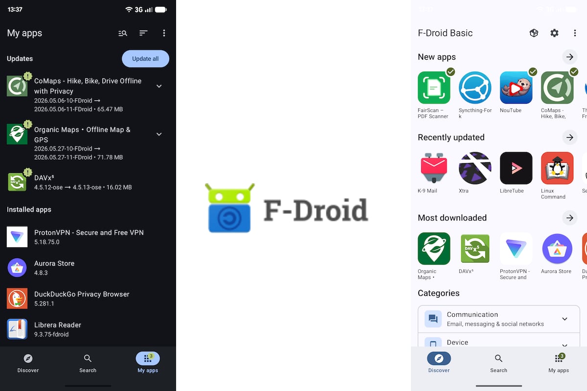 Écrans de l'application F-Droid 2.0 affichant la gestion des mises à jour et les catégories d'applications libres