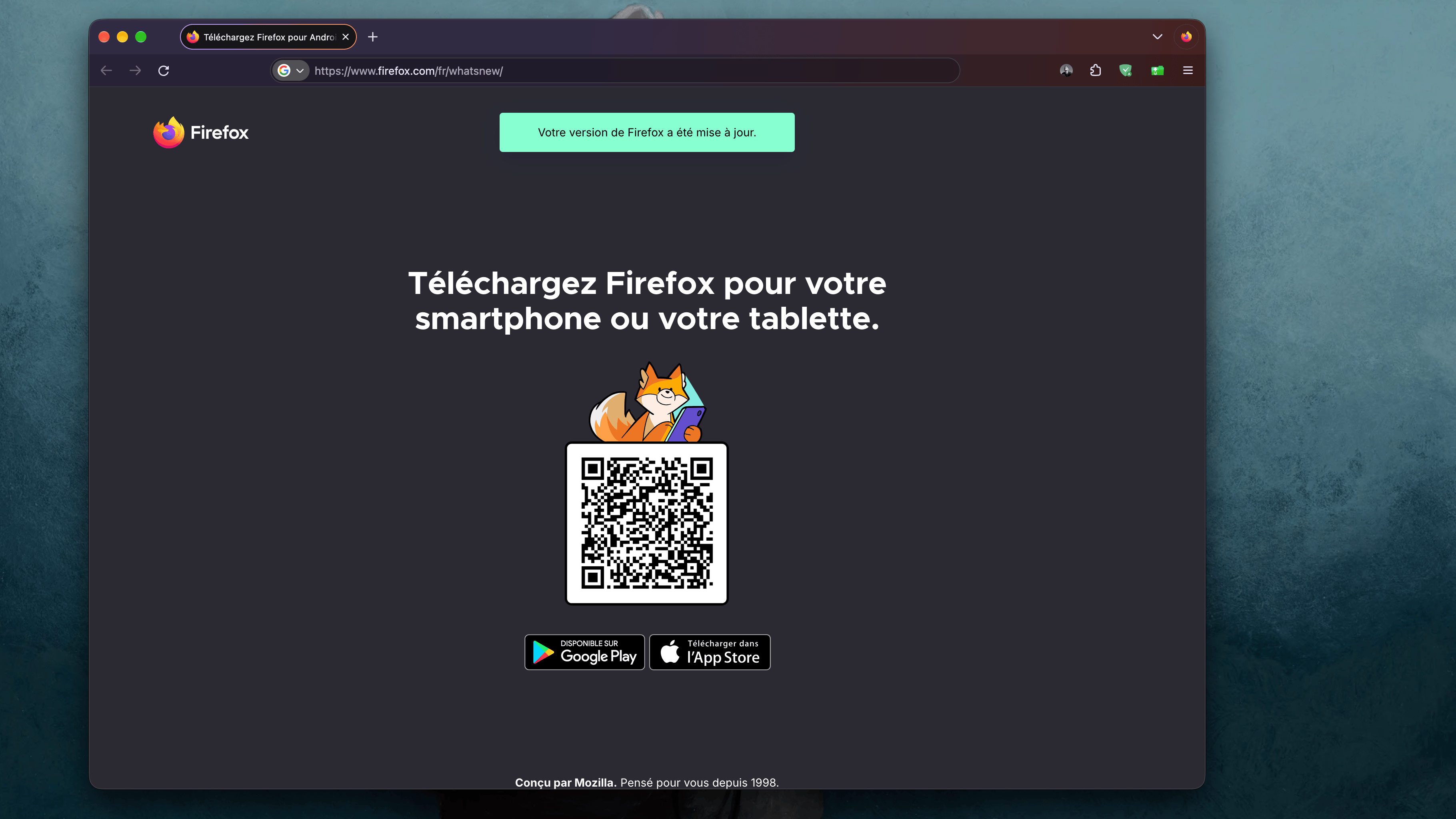 Écran de mise à jour réussie de Firefox 157 avec invitation au téléchargement mobile