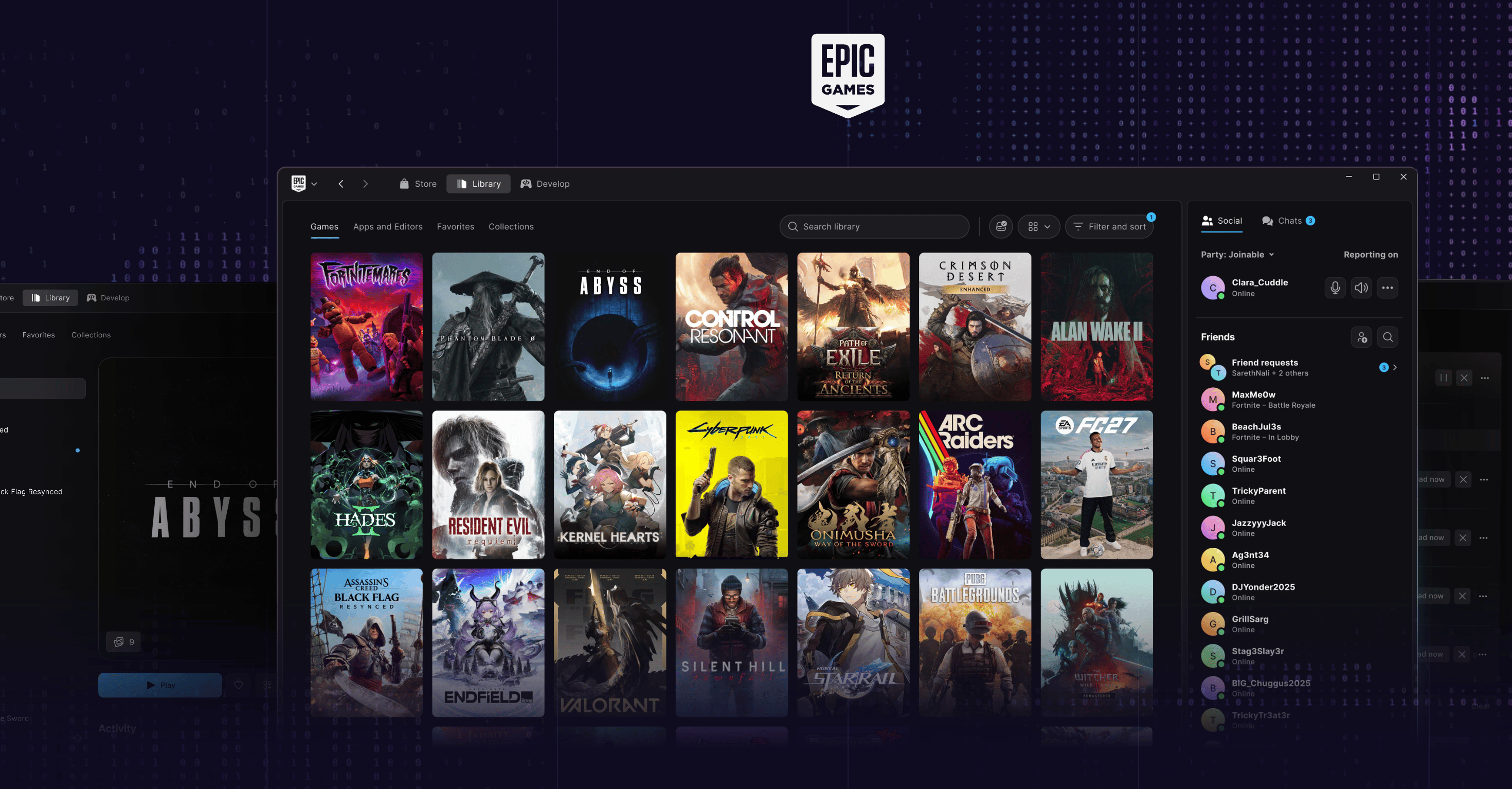 Nouvelle interface sombre de l'Epic Games Launcher affichant le catalogue de jeux et le panneau social latéral