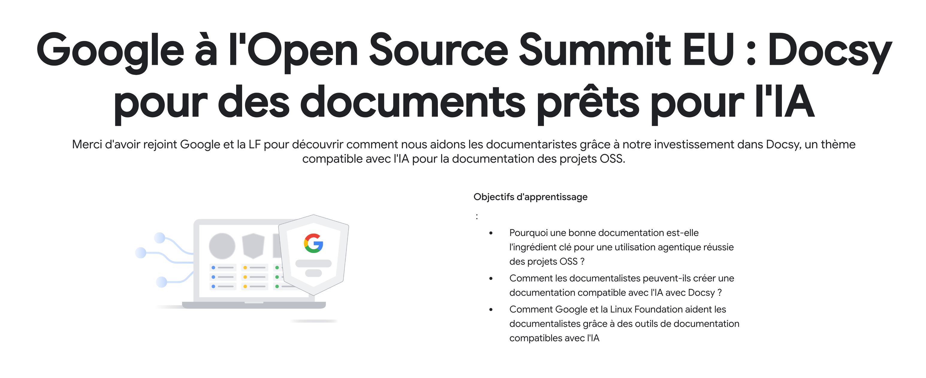 Présentation officielle de Docsy à l'Open Source Summit Europe avec le logo Google