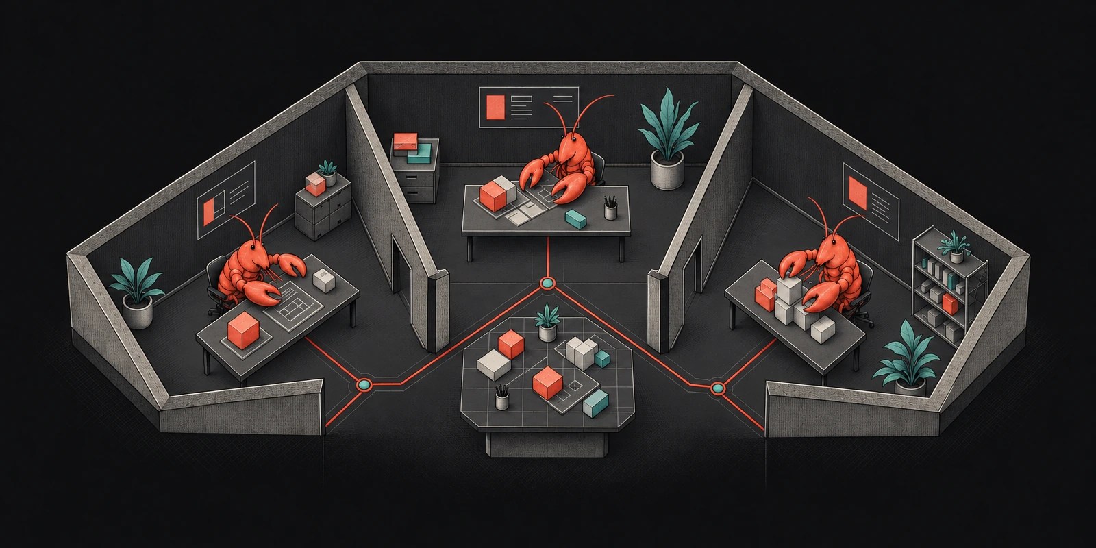 Schéma isométrique représentant des homards agents OpenClaw travaillant dans des bureaux cloisonnés