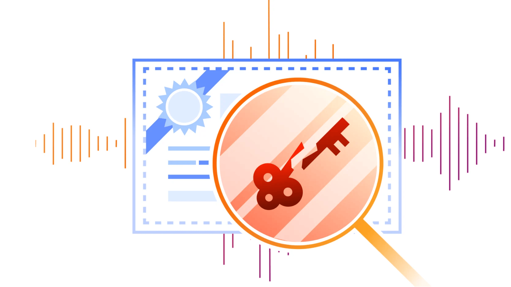 Illustration d'un certificat de sécurité numérique officiel examiné à la loupe et affichant une clé brisée en deux