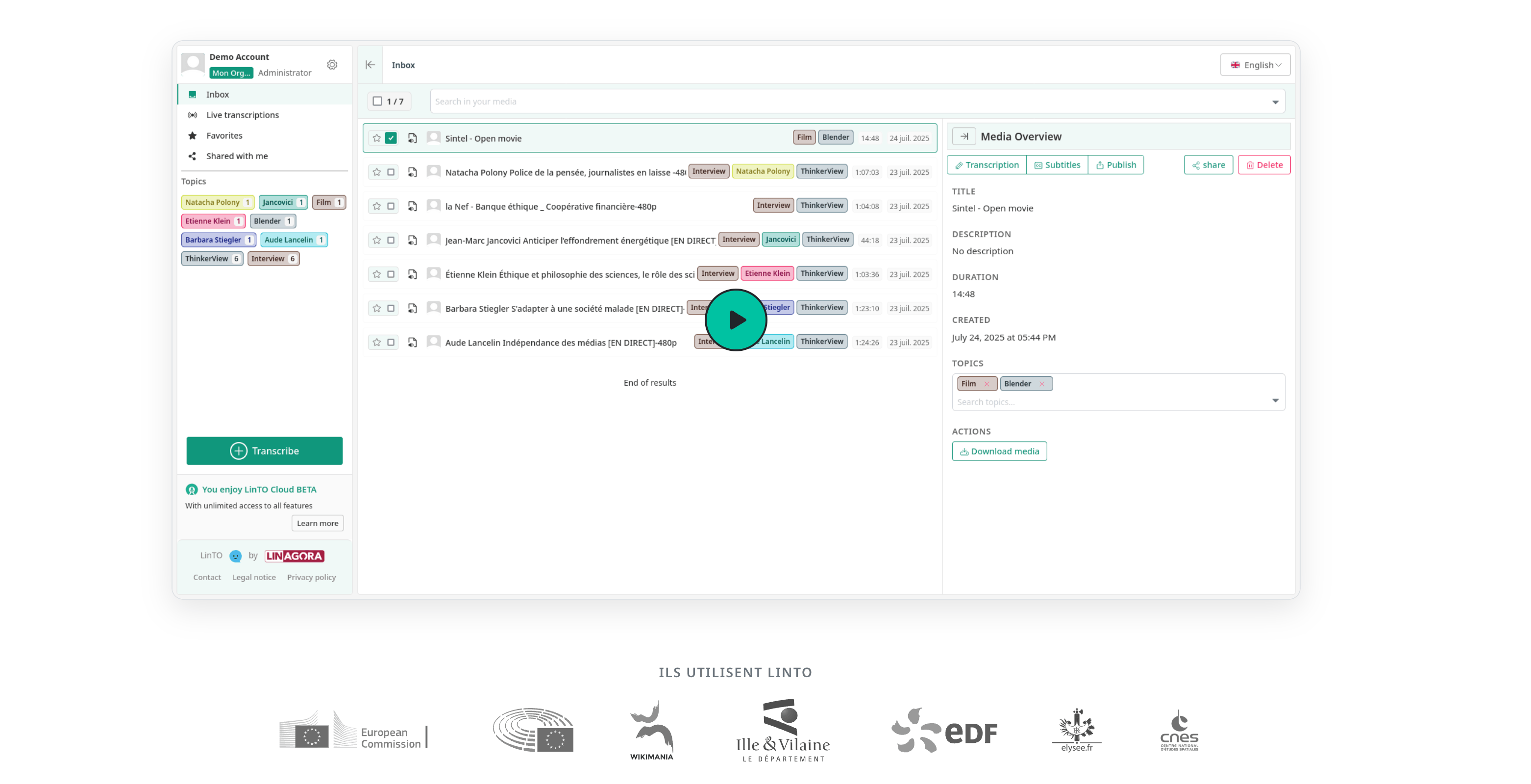interface du tableau de bord de LinTO Studio listant les différents médias transcrits avec leurs étiquettes thématiques