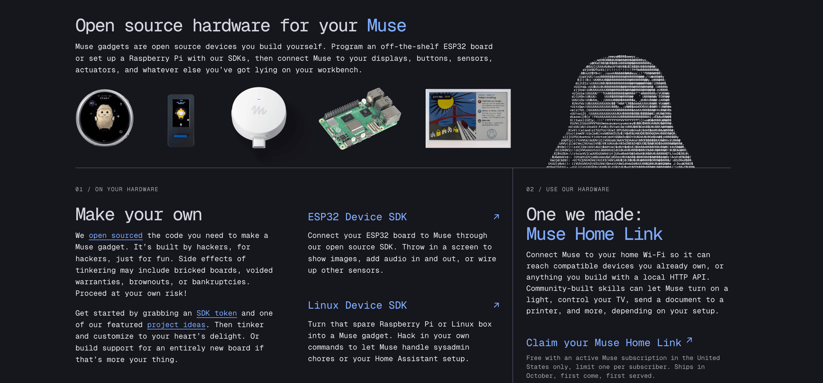 Vitrine officielle Muse Gadgets présentant des cartes mères ESP32, un boîtier Raspberry Pi et des prototypes d'écrans