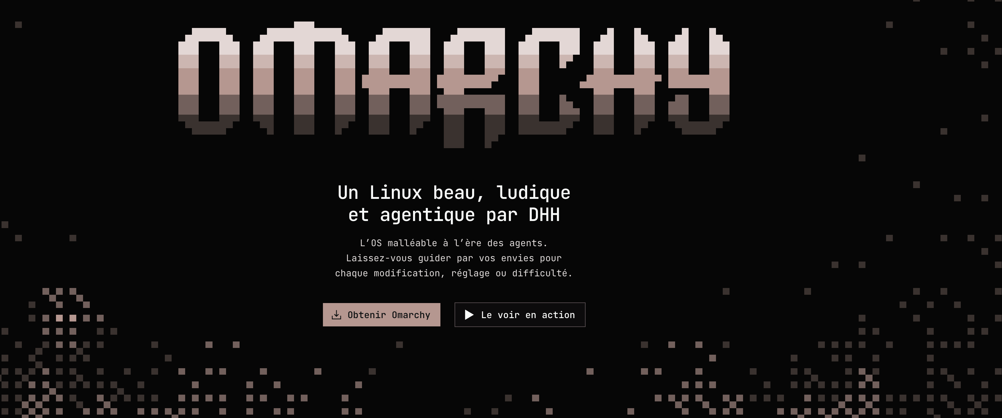 Logo stylisé pixélisé d'Omarchy sur fond noir avec la devise d'un Linux ludique et agentique