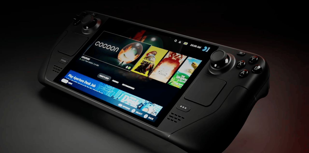 Console portable Steam Deck vue en perspective affichant son interface logicielle