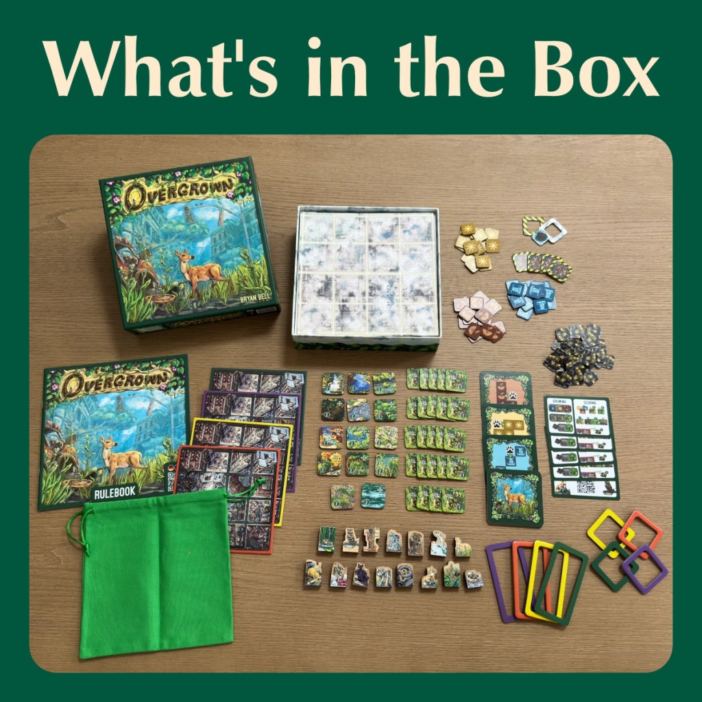 Overgrown components laid out on the table with the title "What's in the Box". Includes drafting board, element tiles, pollution tiles, landscape tiles, wildlife cards, player drafting fences, player boards, drafting bag, and rulebook.