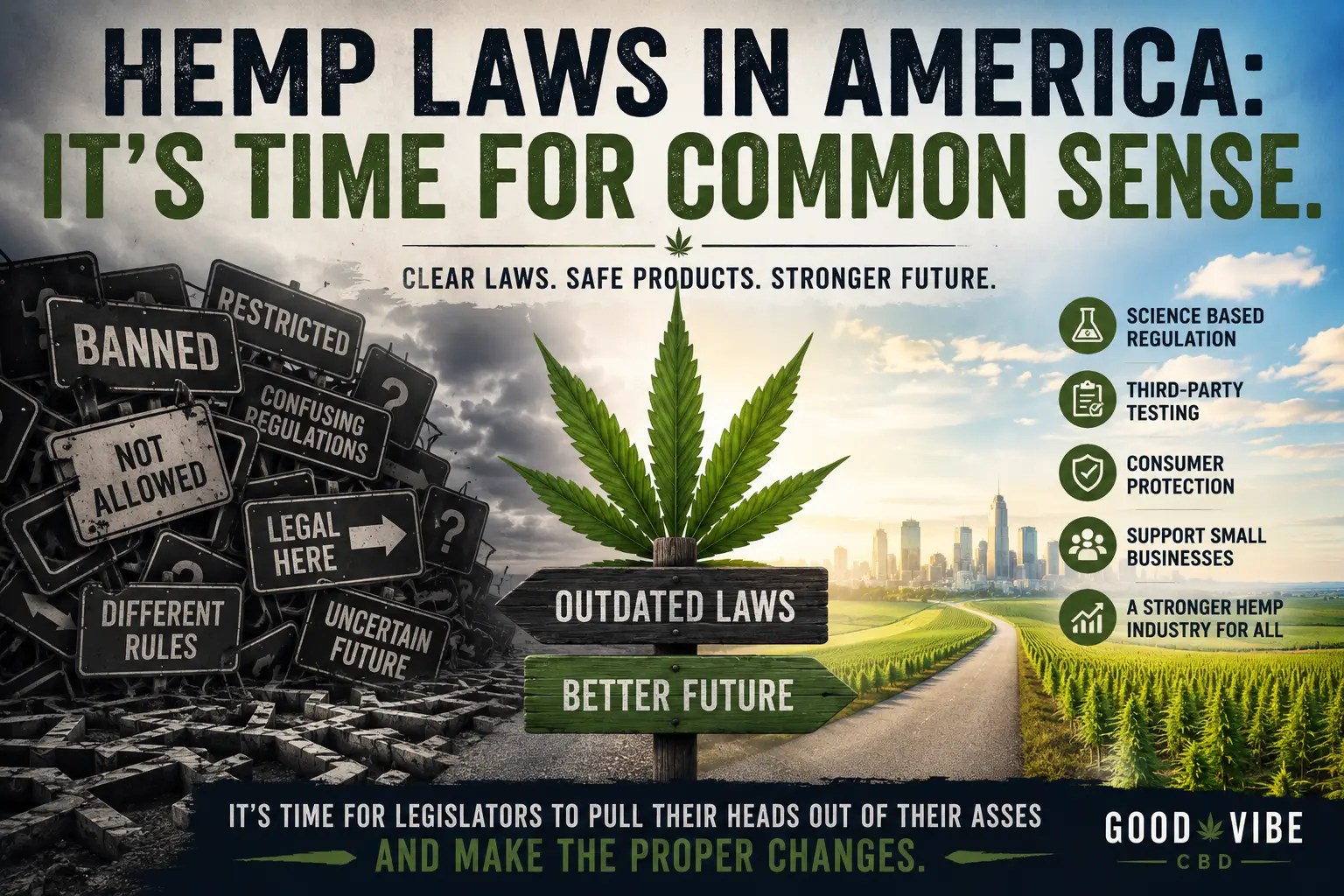 Poster advocating hemp-law reform: a cannabis leaf atop a sign reading 'Outdated Laws' between a pile of 'Banned'/'Not Allowed' signs and a sunny field with a city skyline on the right.