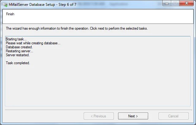 Install hMailServer database setup wizard step - 7 Install hMailServer database setup wizard step - 7