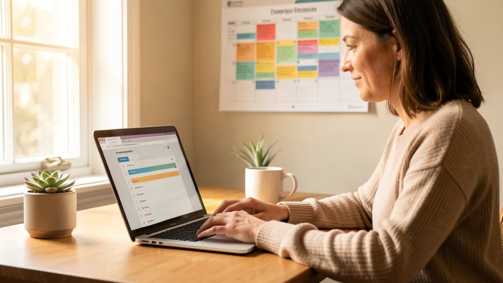 Small business owner reviewing appointments on a laptop with a wall calendar in the background
