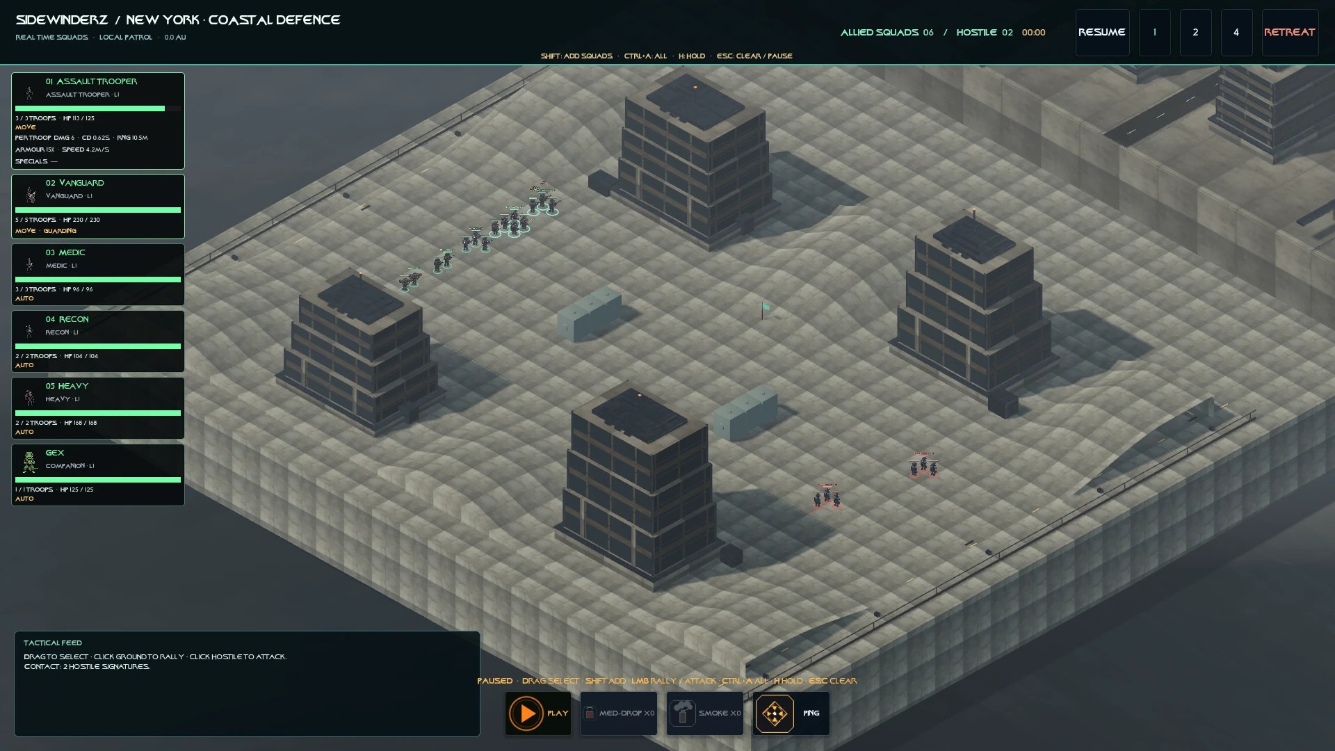 Wide paused SidewinderZ alpha city arena with six allied squad cards, selected troops, buildings and two hostile groups
