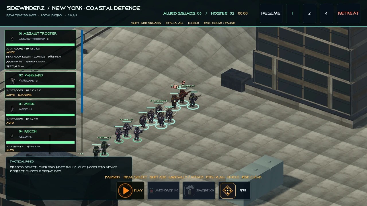 Paused SidewinderZ alpha tactical demonstration showing assault, Vanguard, medic and recon squad cards beside troops in a city arena