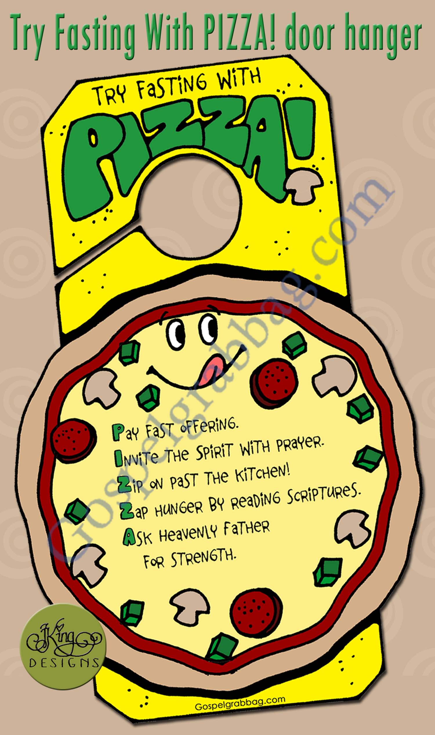 $1.75 FASTING & PRAYER: "Try Fasting With Pizza" Doorknob Fasting with Pizza Reminder, Primary Sharing Time, Family Home Evening, YW Come Follow Me, GospelGrabBag.com
