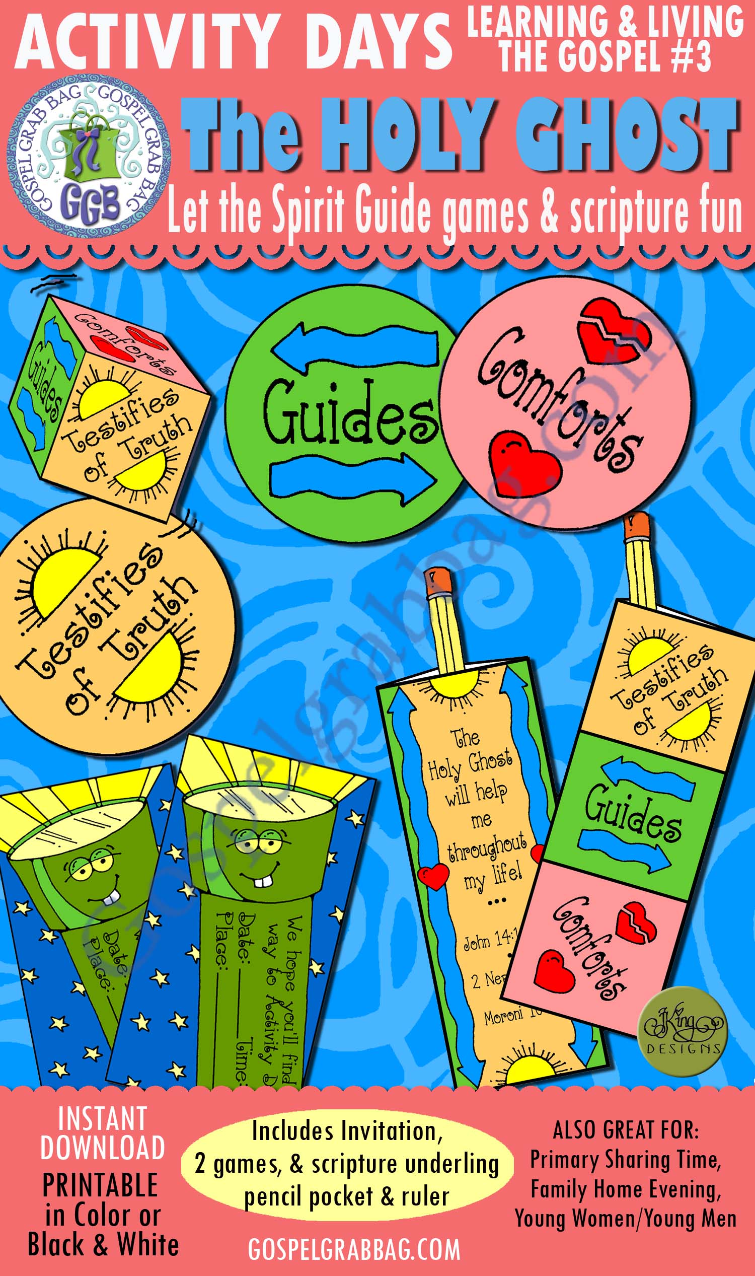 $3.75 THE HOLY GHOST: Activity Days: Learning and Living the Gospel, Goal 3 Invitation, Activity: Let the Spirit Guide games and Scripture underlining guide and pencil pocket, GospelGrabBag.com