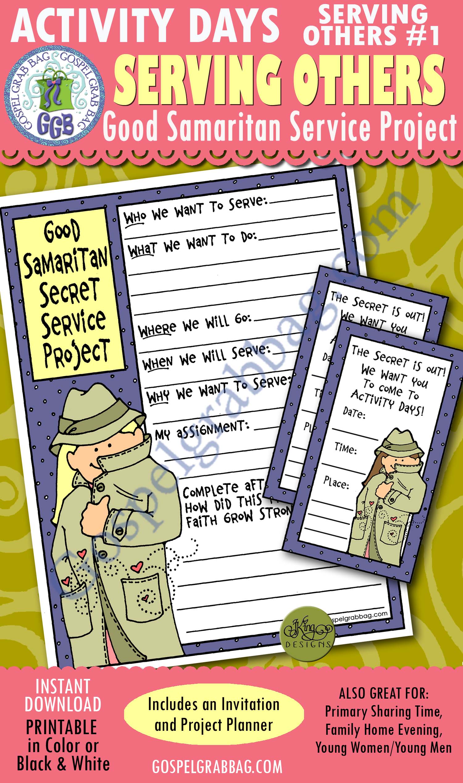 SERVICE - KINDNESS: Activity Days: Serving Others, Goal 1 Invitation, Activity: Good Samaritan Secret Service Project planner, GospelGrabBag.com