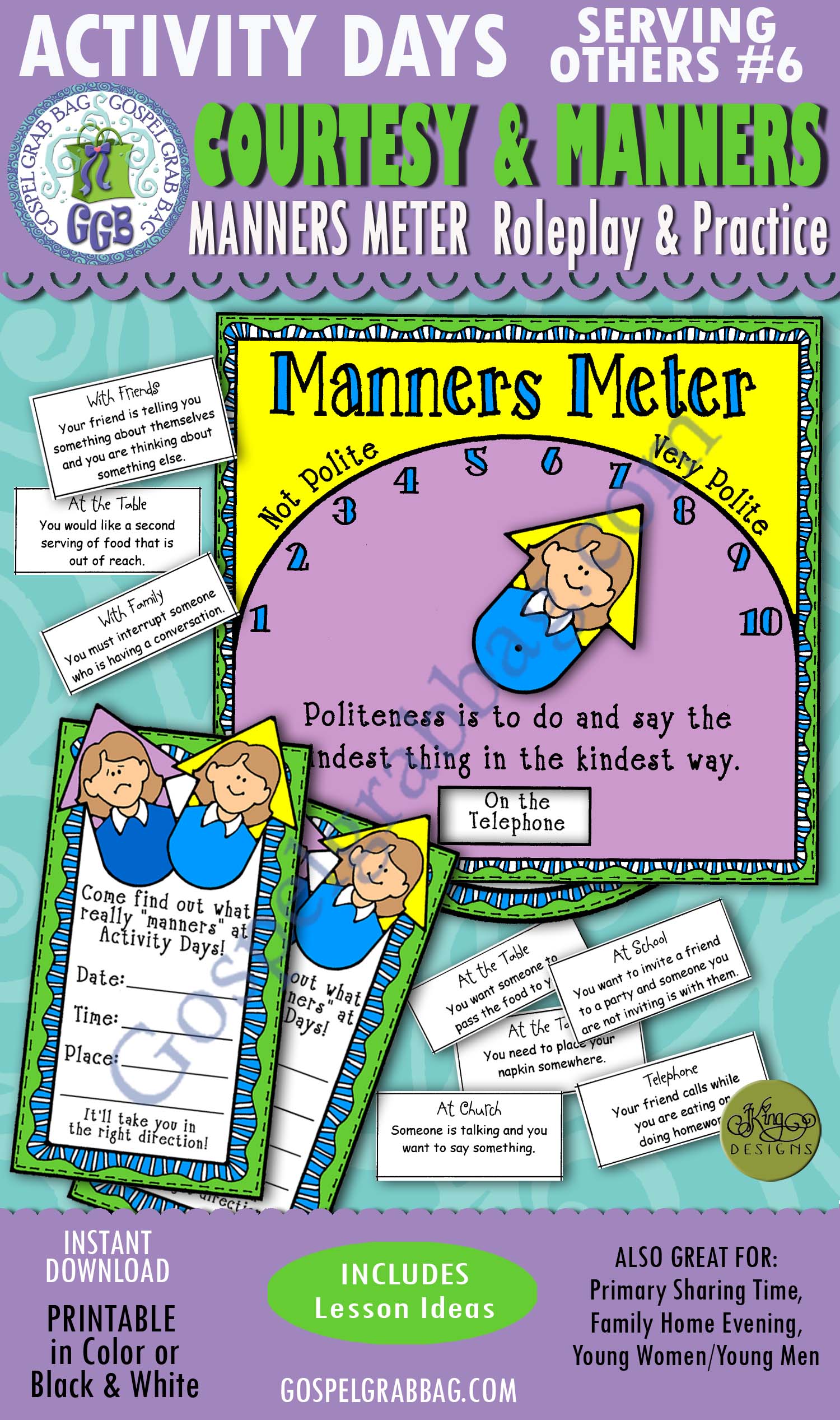 $3.00 Activity Days: Serving Others - Faith in God GOAL 6: Courtesy and Manners - ACTIVITY: Manners Meter Roleplay and Practice, GospelGrabBag.com