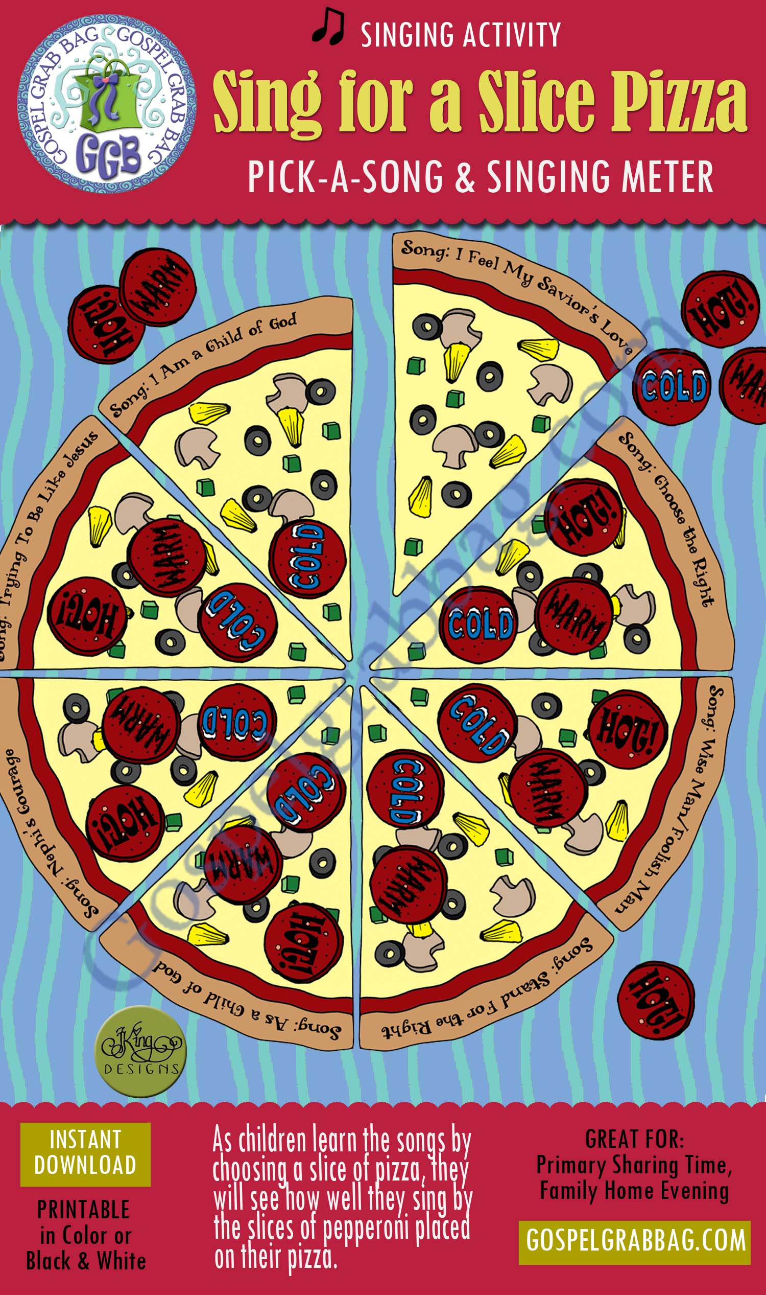 $2.00 SING FOR A SLICE pick-a-song & singing meter: Primary Music Singing Time Activities to Motivate Children to Sing, download from GospelGrabBag.com