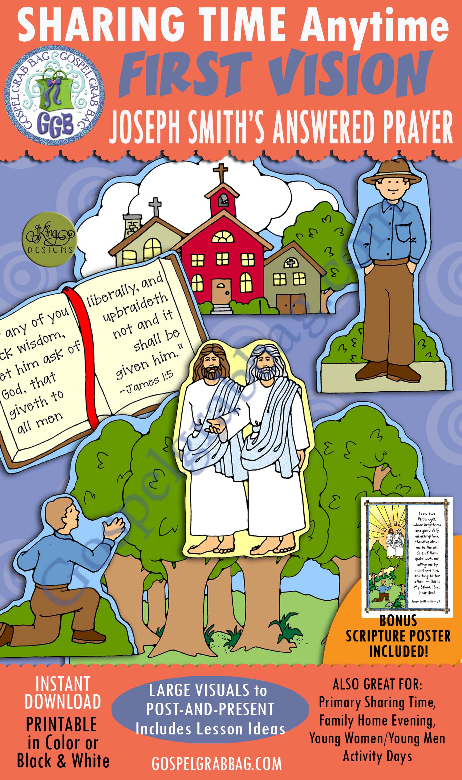 $3.50 FIRST VISION Activity: Joseph Smith's Answered Prayer Post-and-Present LARGE presentation