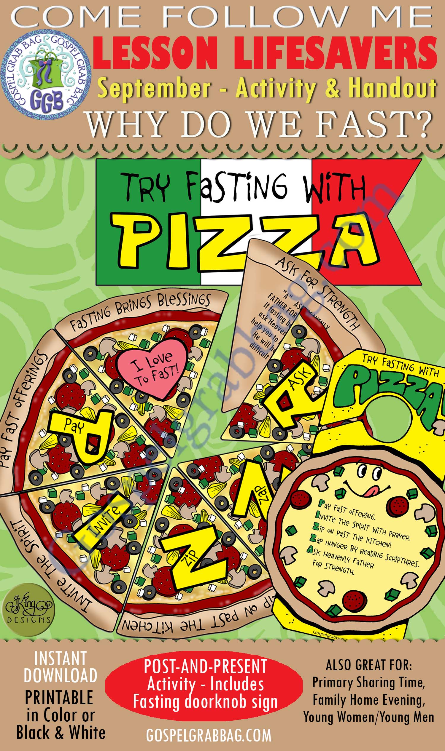 $3.50 FASTING Activity: "Fasting with Pizza" game and doorknob reminder - COME FOLLOW ME September Week 4 Lesson Follow Me, "Why do we fast?"
