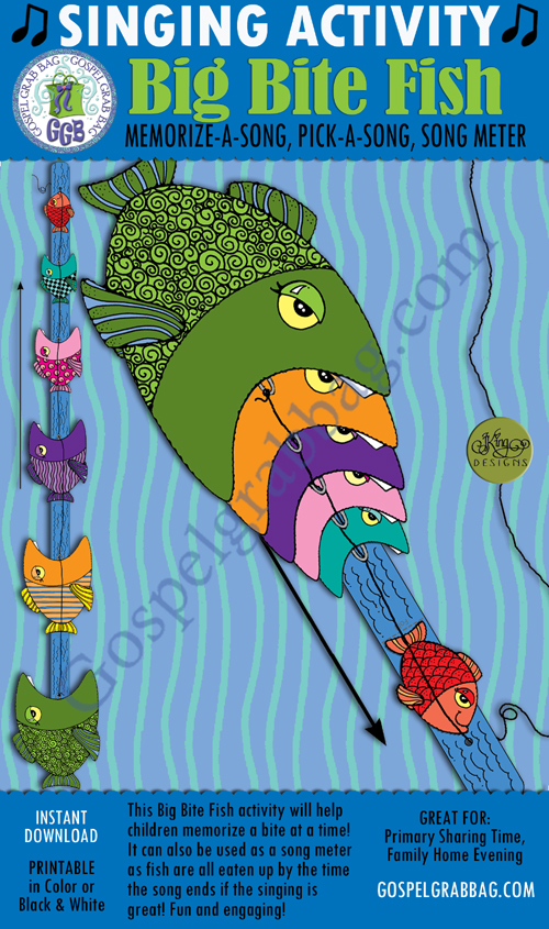 $3.00 BIG BITE FISH memorize-a-song, pick-a-song, or singing meter, Primary Singing Fun Activities, Music Leaders, practice songs, sacrament meeting presentation, GospelGrabBag.com