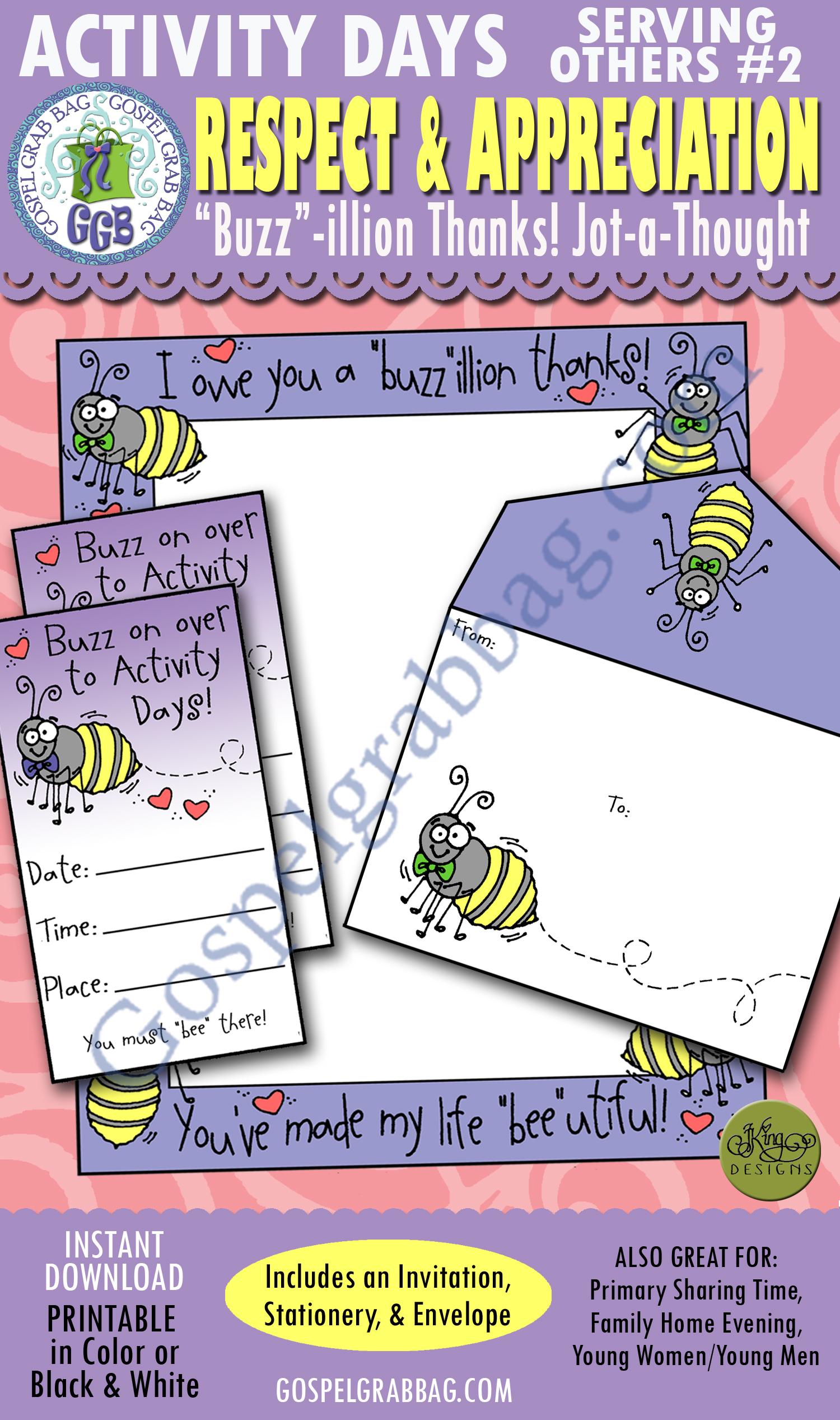 $3.00 GRATITUDE: Activity Days SERVING OTHERS Goal 2 Invitation, Activity: I Will Express Appreciation - "Buzz"illion Thanks jot-a-note stationery and envelope, & invitation