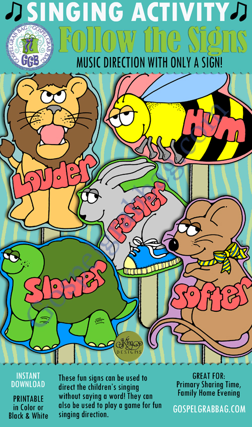 $3.00 FOLLOW THE SIGNS pick-a-song and singing commands: Primary Music Singing Time Activities to Motivate Children to Sing, download from GospelGrabBag.com