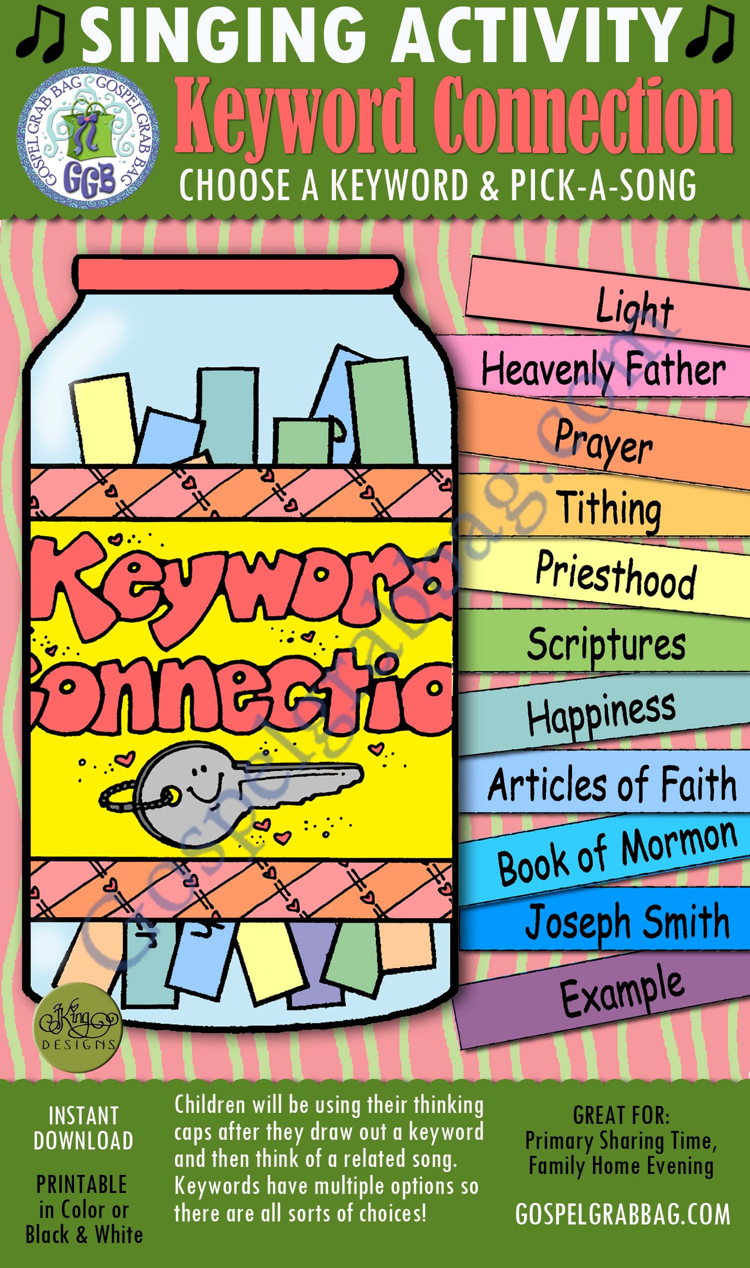 $3.00 KEYWORD CONNECTION pick-a-song to match keyword: Primary Music Singing Time Activities to Motivate Children to Sing, download from GospelGrabBag.com