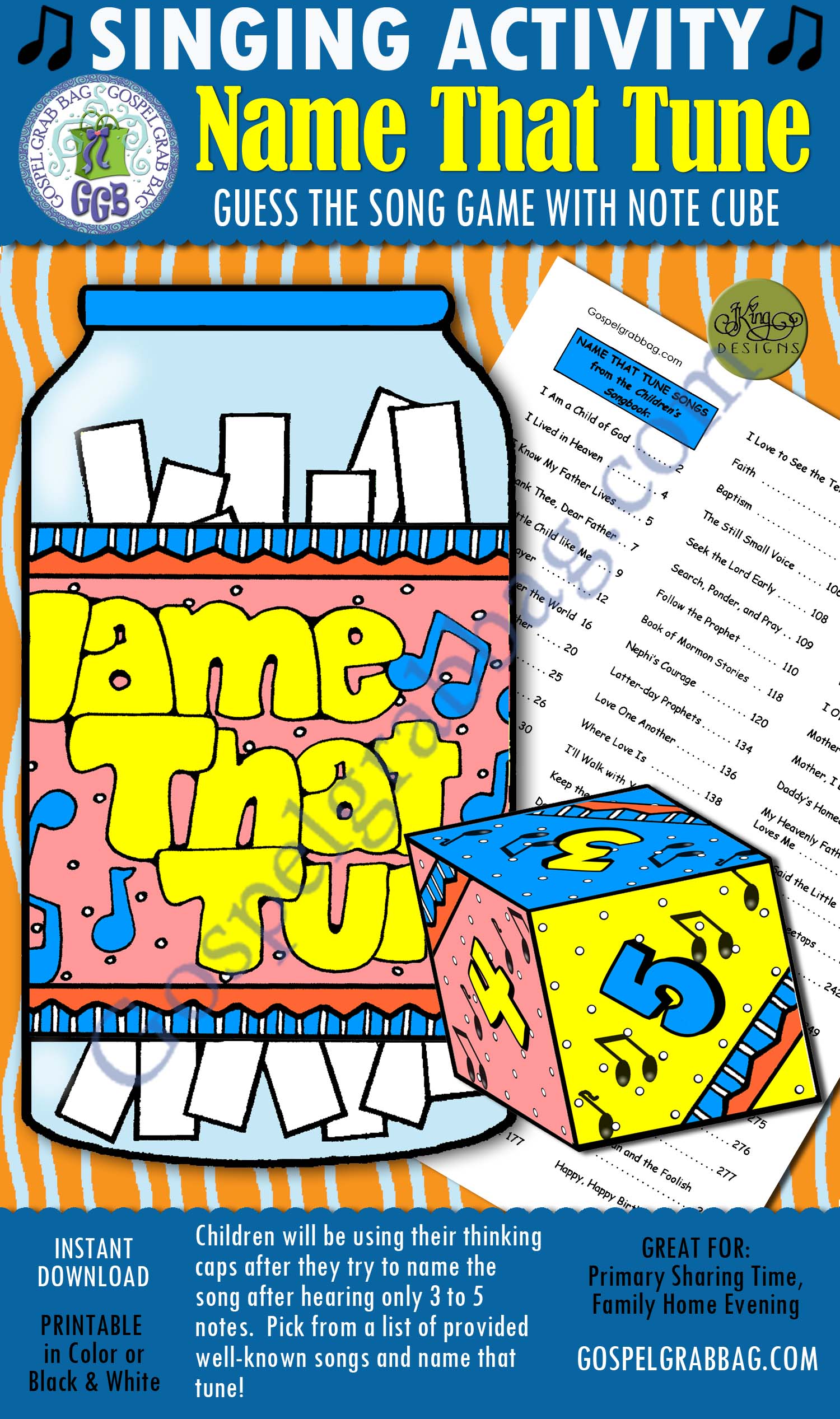 $3.00 NAME THAT TUNE Guess the Song Game with note cube: Primary Music Singing Time Activities to Motivate Children to Sing, download from GospelGrabBag.com