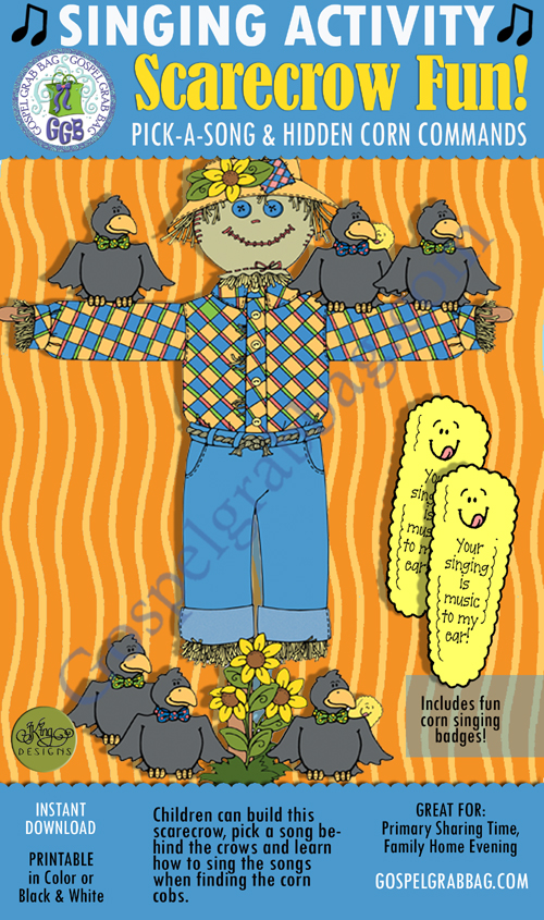 $3.00 BUILD A SCARECROW pick-a-song & singing meter, with singing award: Primary Music Singing Time Activities to Motivate Children to Sing, download from GospelGrabBag.com