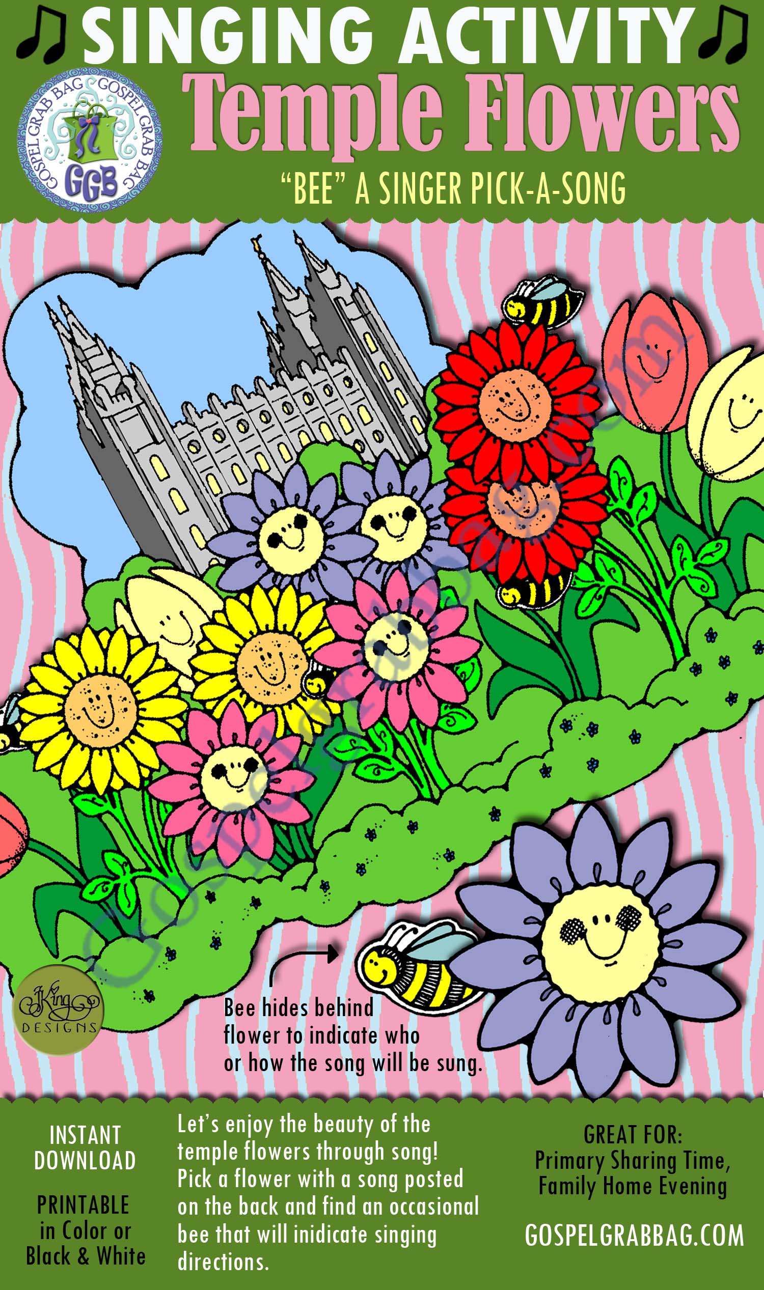 $3.00 TEMPLE FLOWERS "Bee" a Singer pick-a-song: Primary Music Singing Time Activities to Motivate Children to Sing, download from GospelGrabBag.com