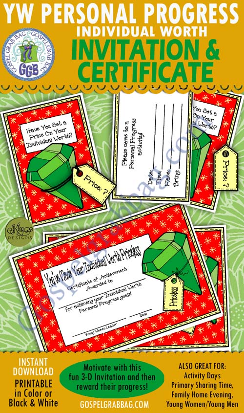 $2.00 INDIVIDUAL WORTH Personal Progress - VALUE NIGHT ACTIVITY 3-D Invitation and Goal Award Certificate