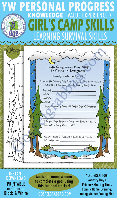 $1.75 KNOWLEDGE Personal Progress - Value Experience 7 "Learn Young Women Camp Skills to Prepare for Emergencies" planner/journal