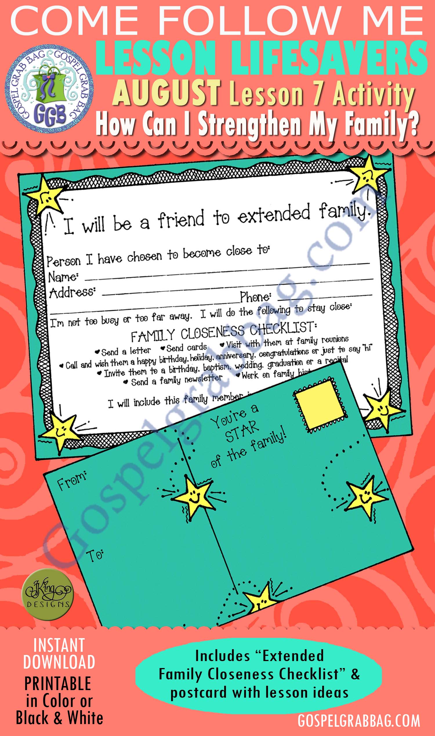 $1.75 AUGUST Lesson 7 Come Follow Me "How can I strengthen my family?" LESSON LIFESAVER Activity: Extended Family Closeness checklist and postcard