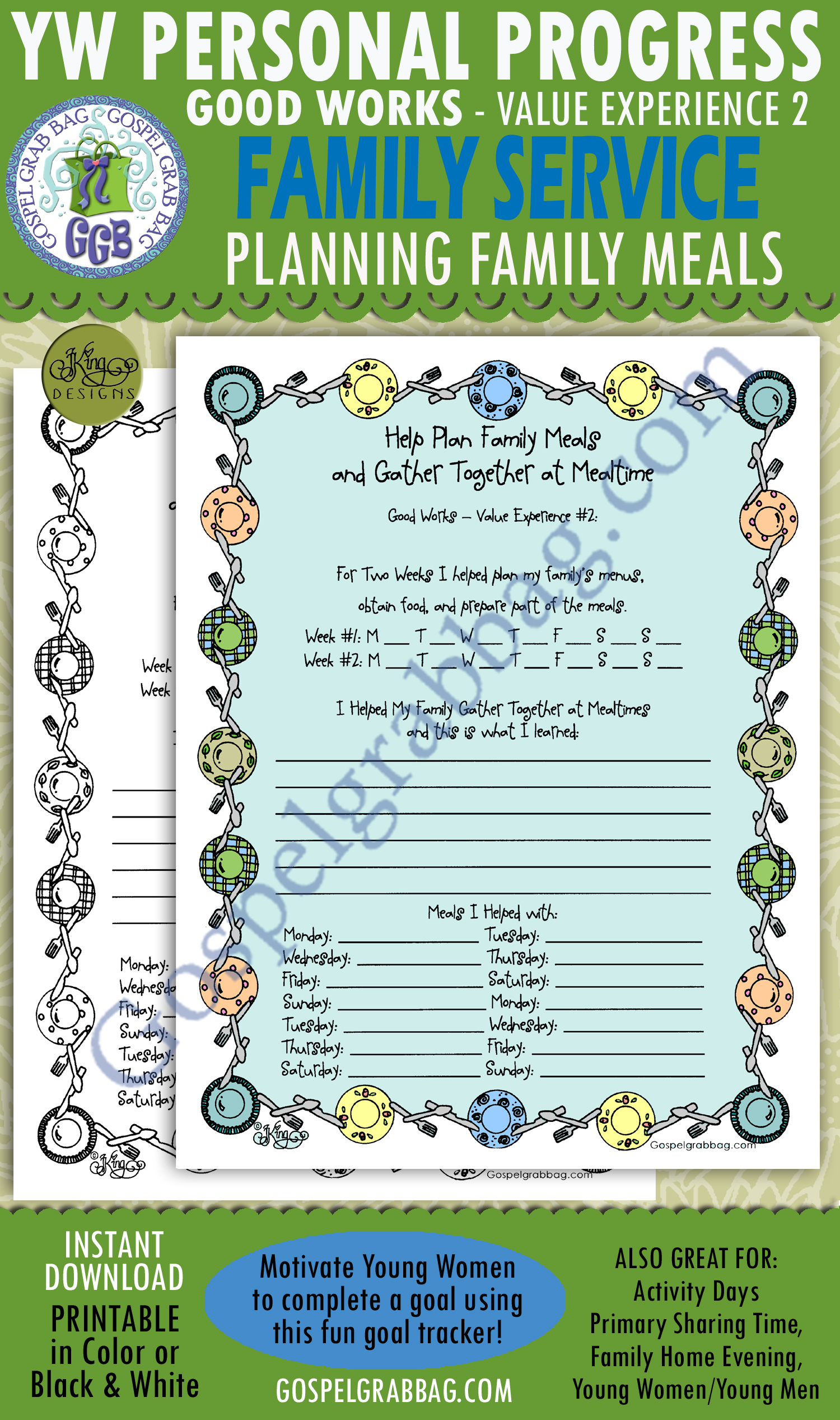 $1.75 HOMEMAKING: Good Works Goal 2 Personal Progress Planner "Help Plan Family Meals and Gather Together at Mealtime"
