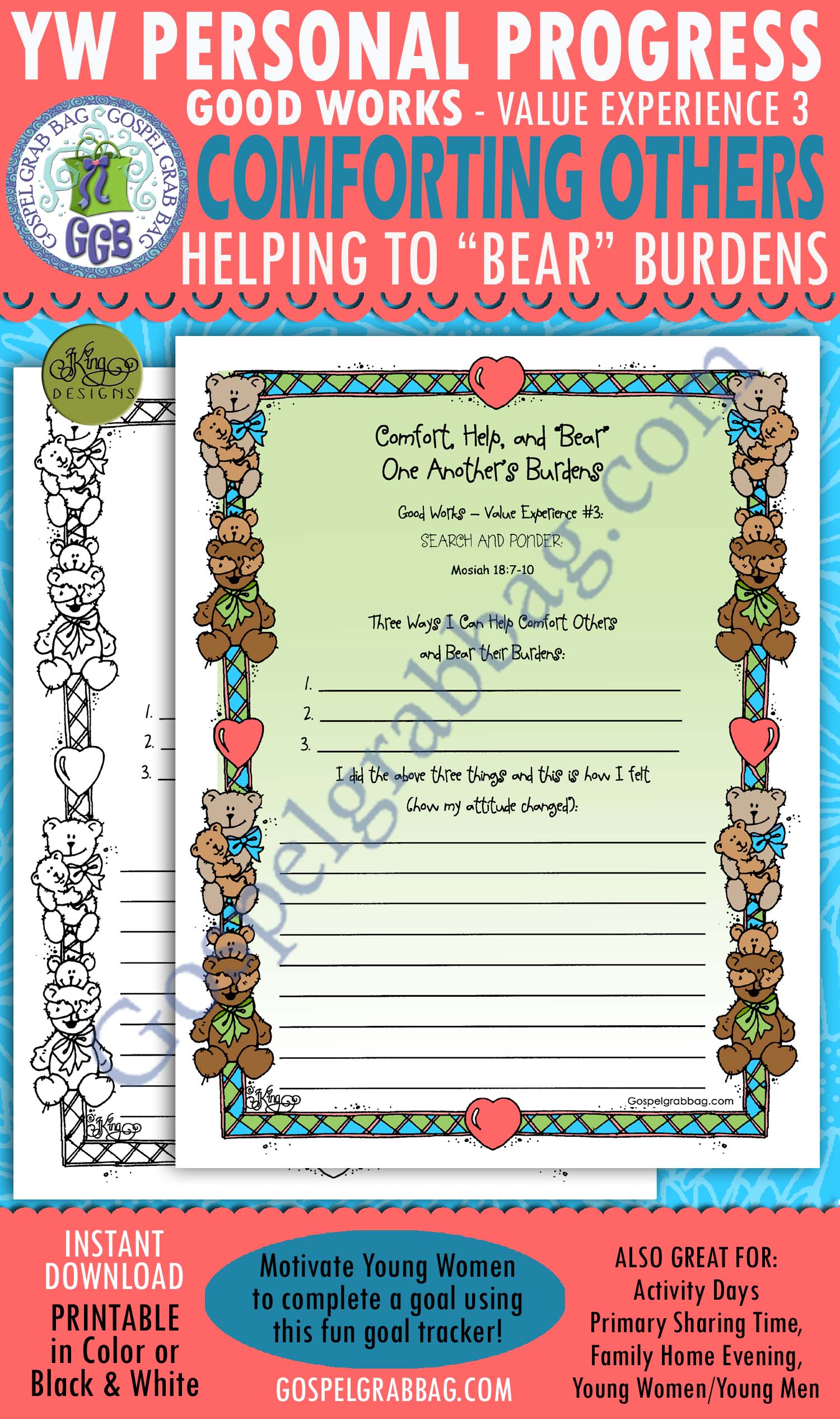 $1.75 SERVICE: Good Works Goal 3 Personal Progress Planner "Comfort, Help, and 'Bear' One Another's Burdens"