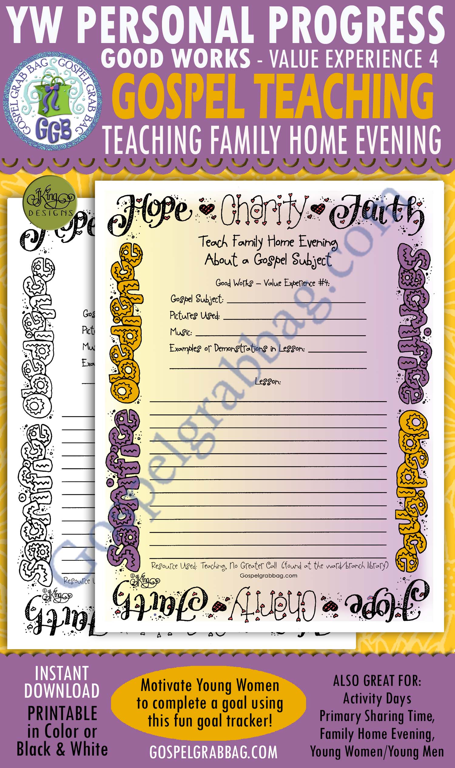 $1.75 FAMILY HOME EVENING: Good Works Goal 4 Personal Progress Planner "Teach Family Home Evening about a Gospel Principle"