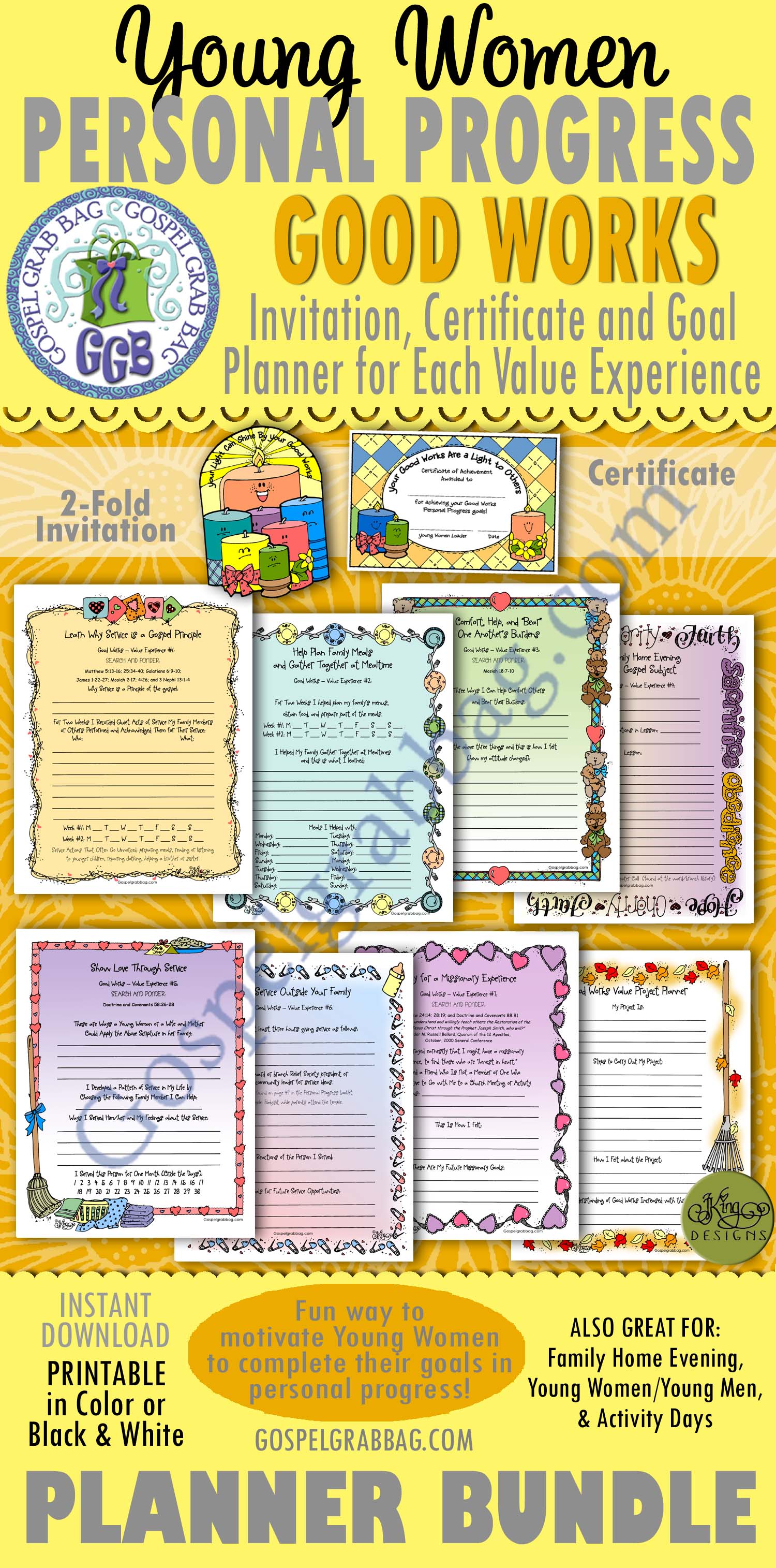 $8.00 (50% discount) GOOD WORKS Personal Progress BUNDLE - Value Experiences 1-7 and Project Planner, Goal Planner Forms / Journal Pages