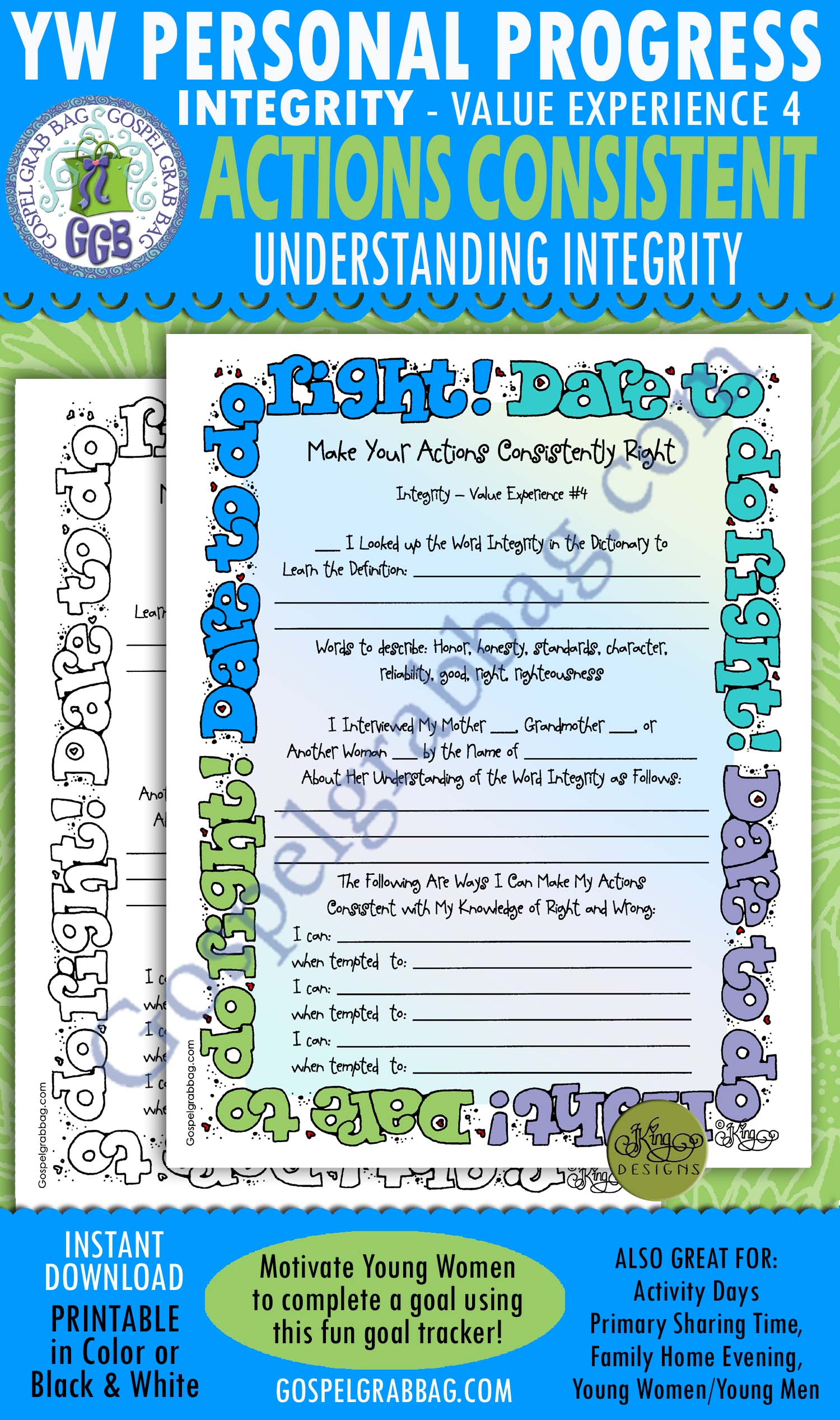 $1.75 INTEGRITY "Make Your Actions Consistently Right" Personal Progress Goal 3 planner form
