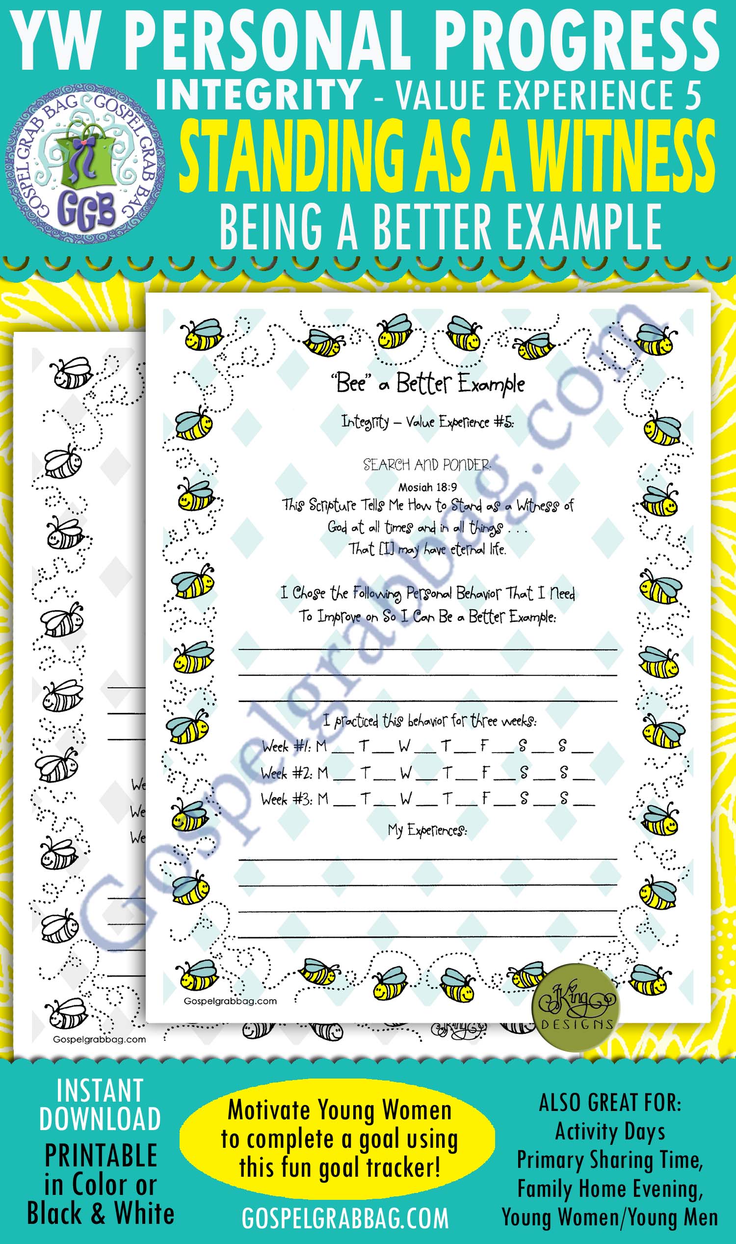 $1.75 INTEGRITY "'Bee' a Better Example" Personal Progress Goal 3 planner form