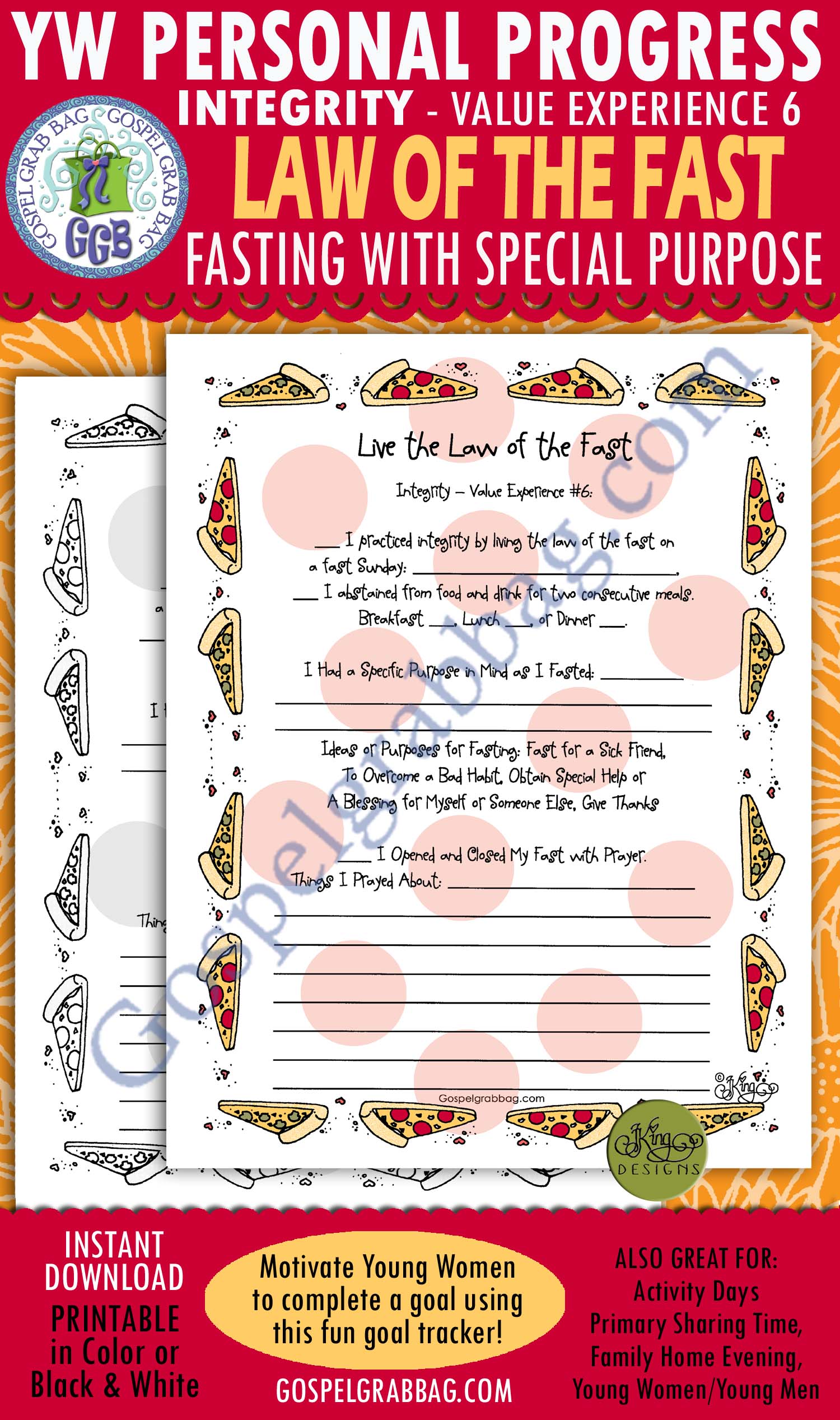 $1.75 INTEGRITY "Live the Law of the Fast" Personal Progress Goal 6 planner form