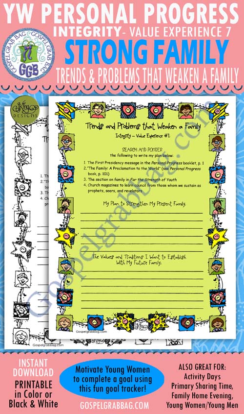 $1.75 INTEGRITY "Trends and Problems that Weaken a Family" Personal Progress Goal 7 planner form