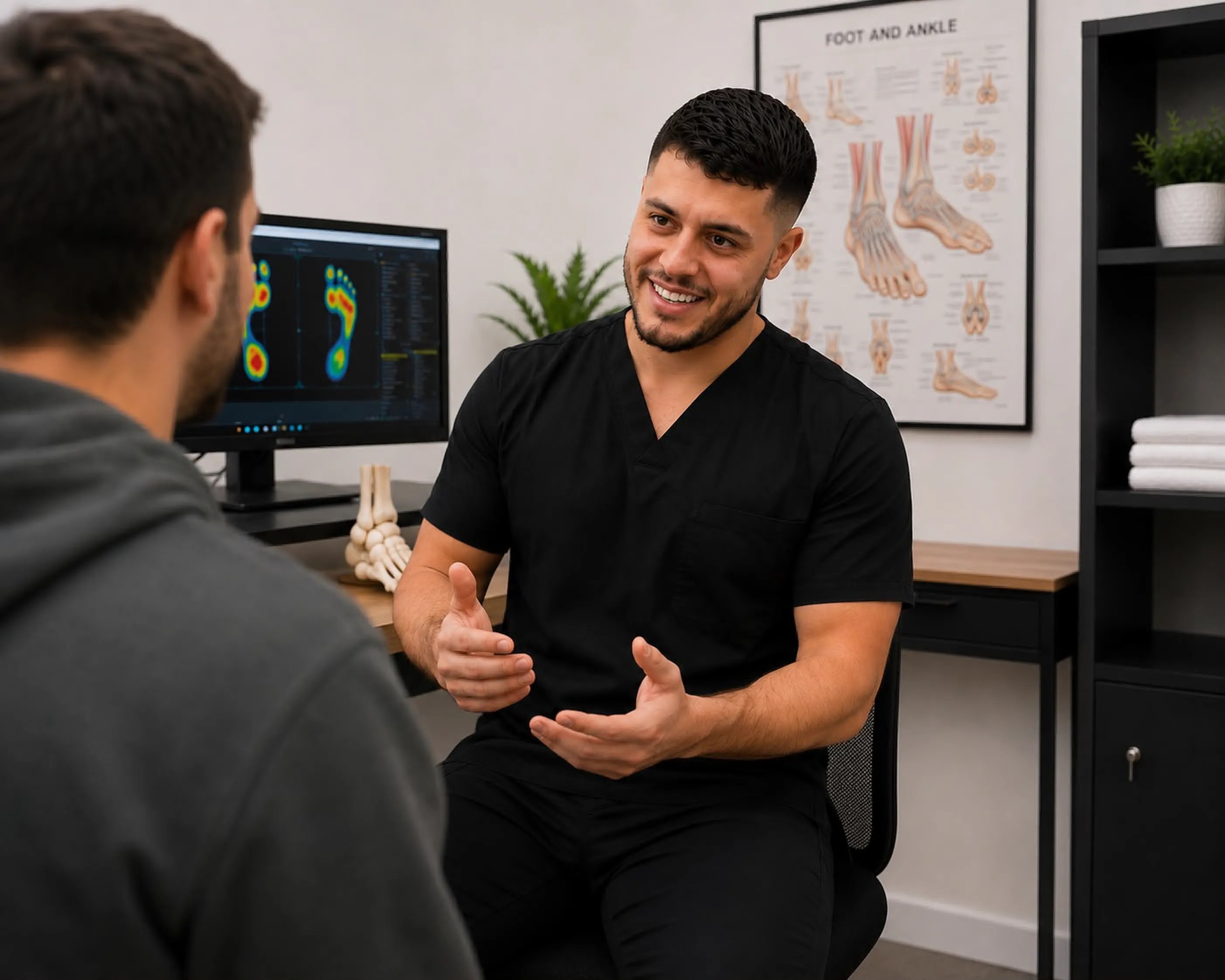 Dr Ahmad El-Jabali consulting with a patient at Peak Sports Podiatry