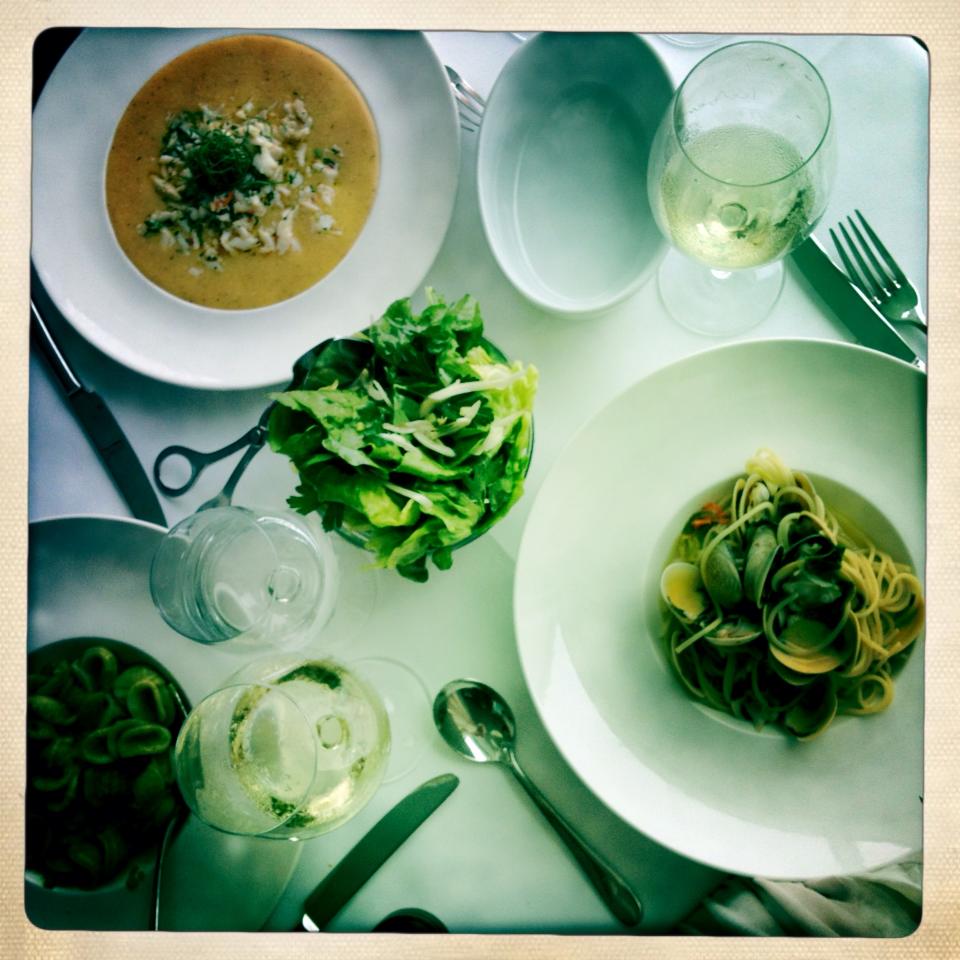 Spaghettini, polenta, salad