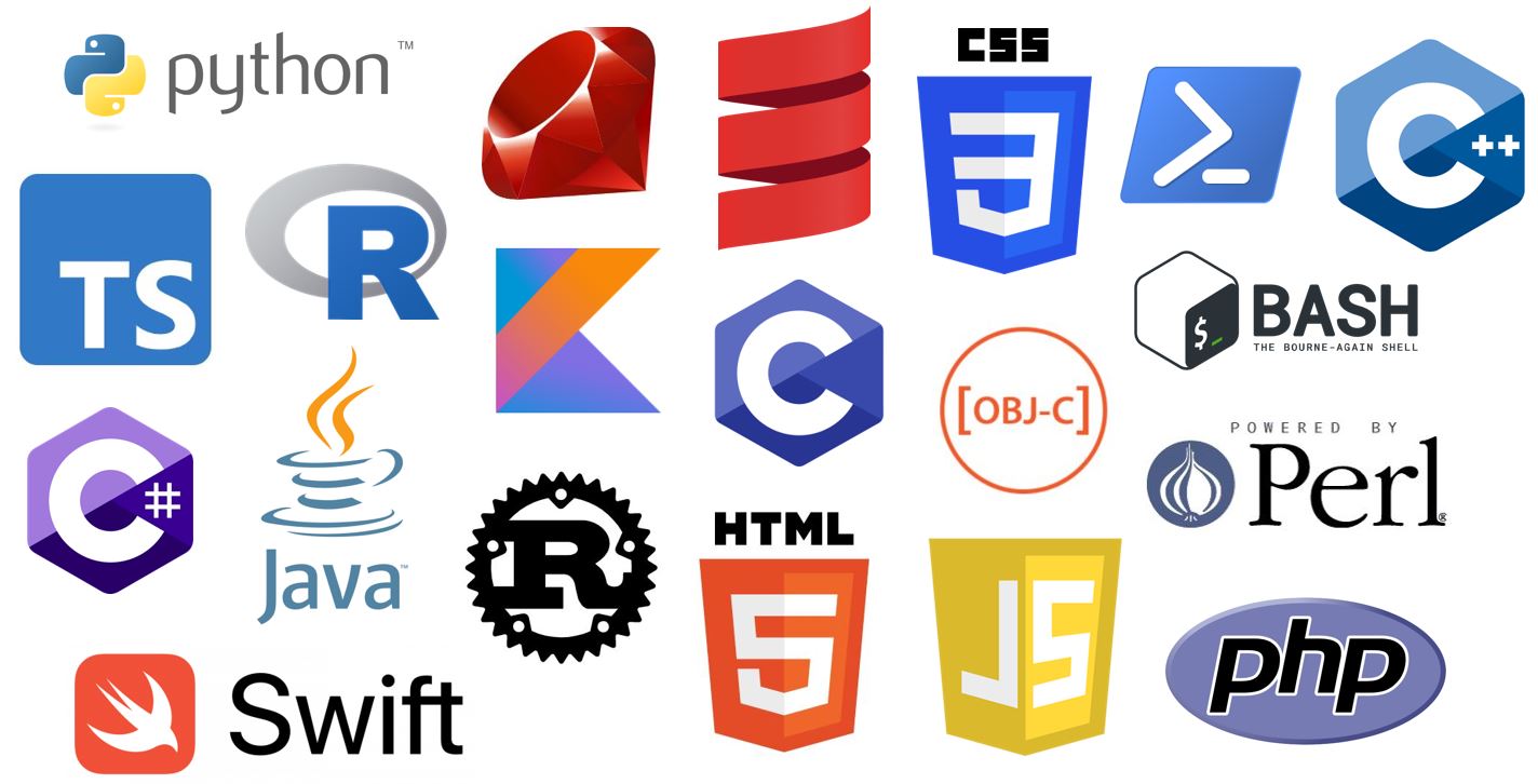 Logos of various programming languages including Python, Ruby, TypeScript, R, CSS, Kotlin, C++, C#, Java, Swift, HTML, JavaScript, PHP, and Bash.