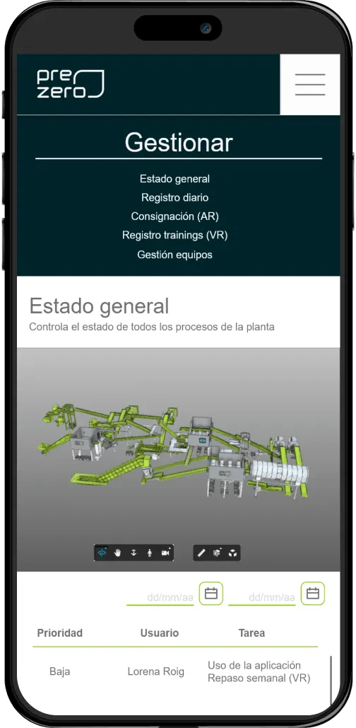 Dashboard control platform control training in Virtual reality for industry phone version