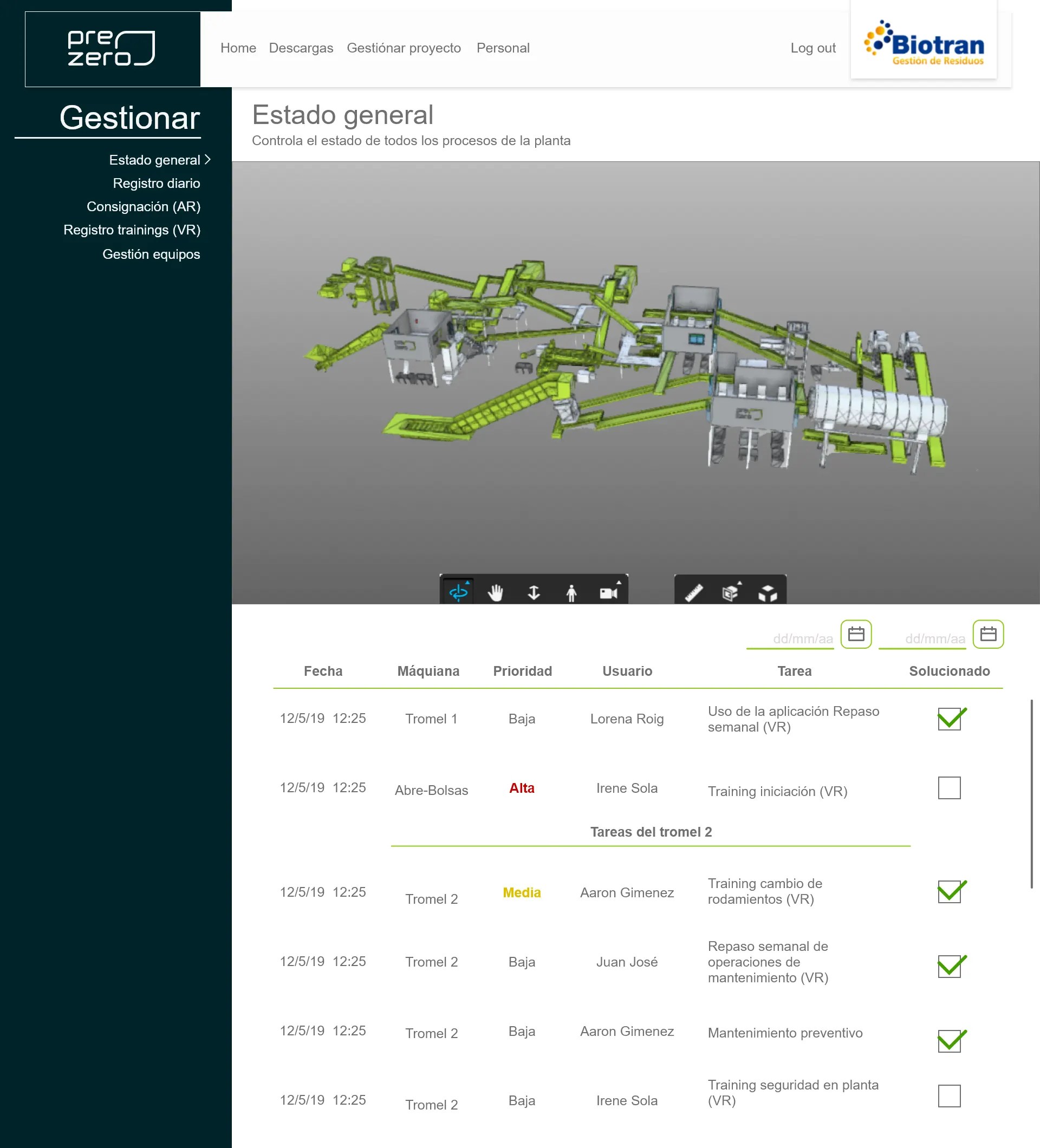 Dashboard control platform control trainings in Virtual reality for industry