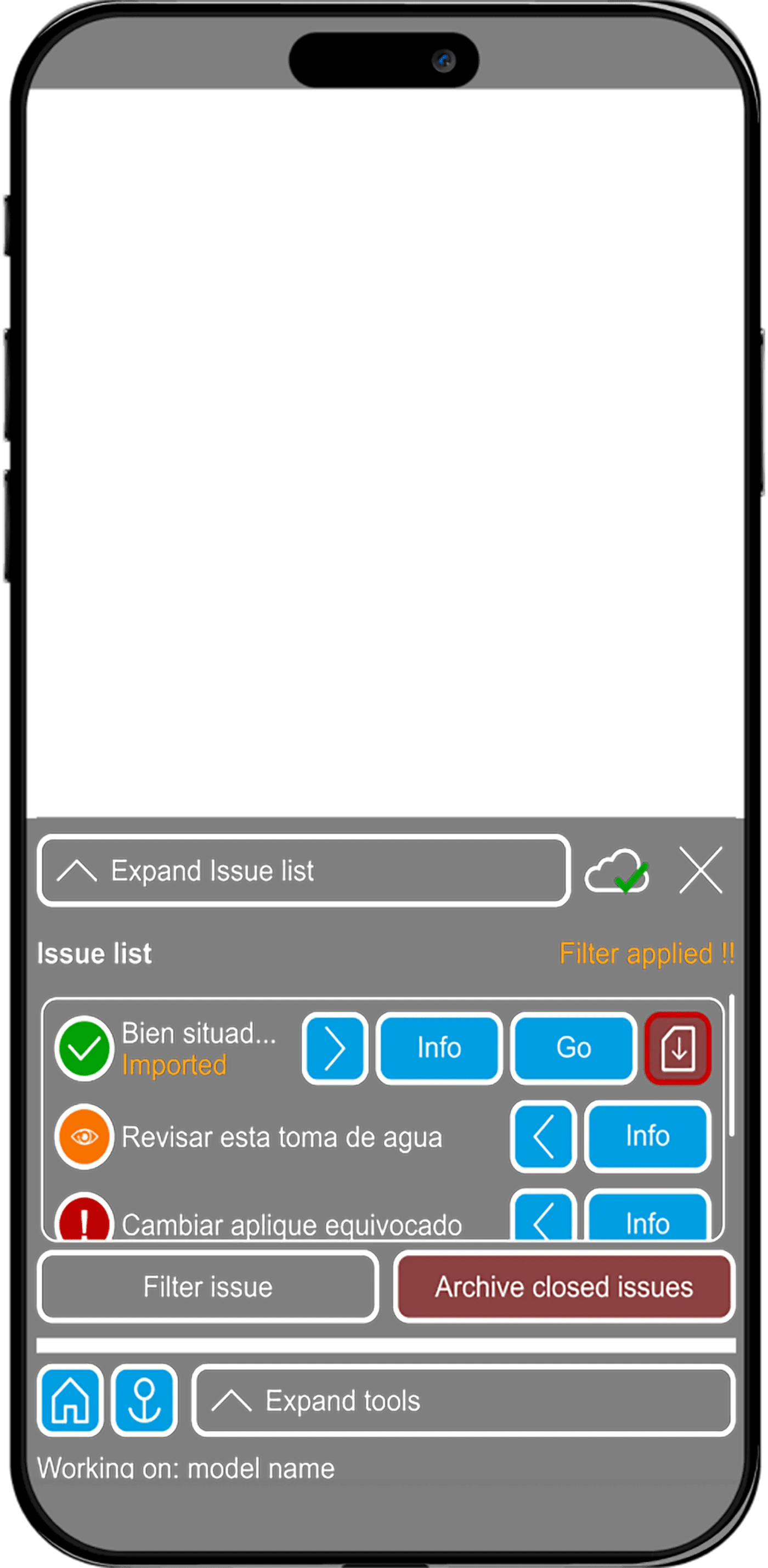 Vista de solución Isue Traking, mockup de aplicación para AR y gestión en obra