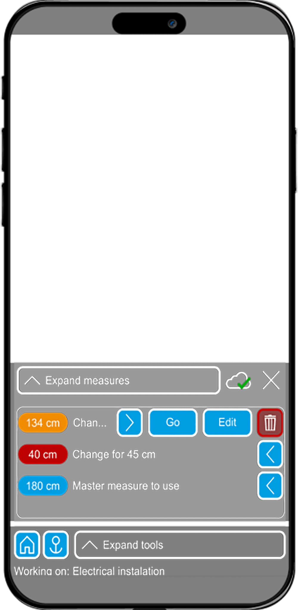 Pantalla de visualización de medidas en RA para aplicación de realidad aumentada en obra